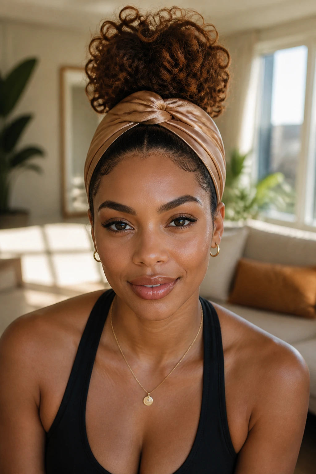 Portrait of a real woman with a polished pineapple updo and silk wrap
