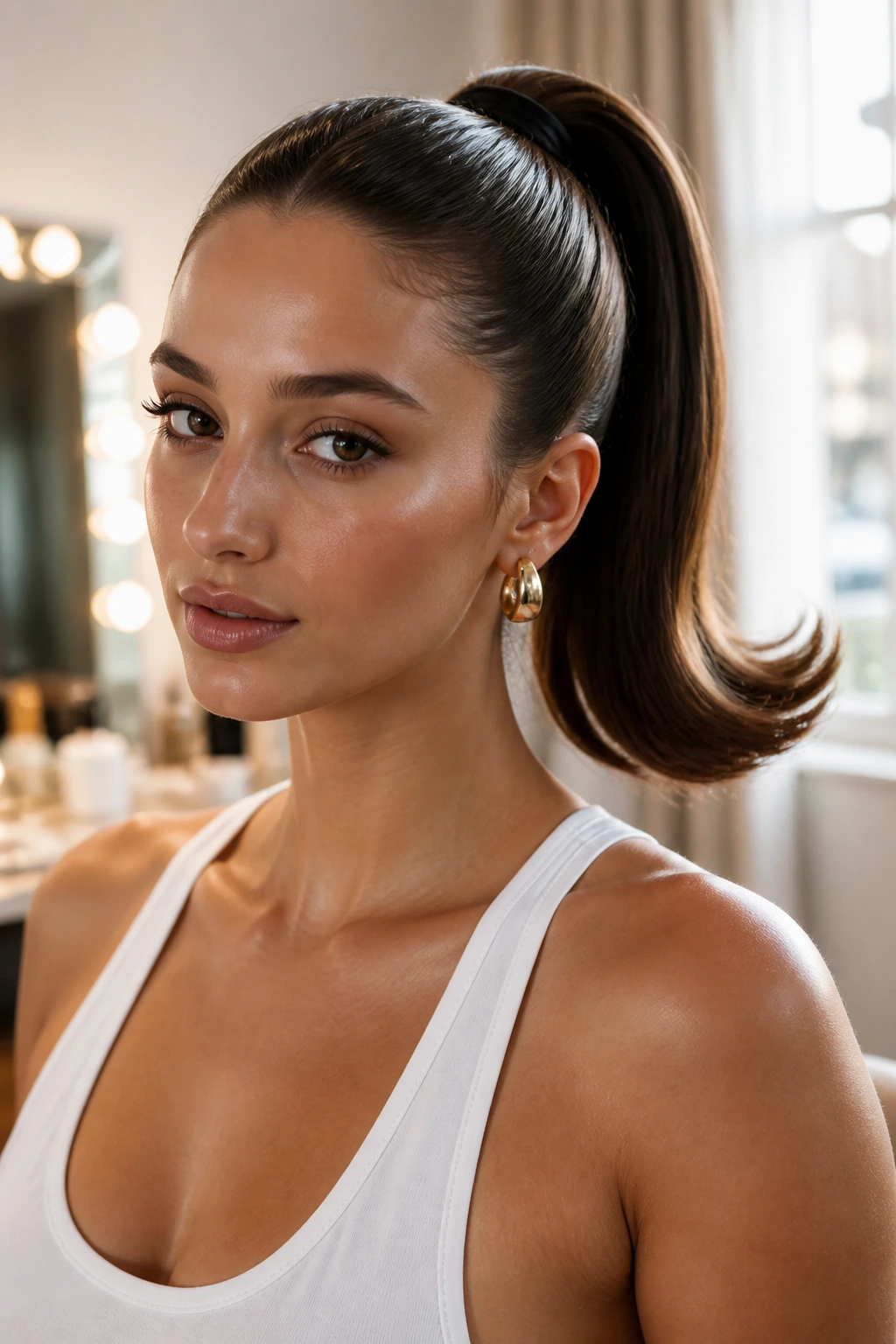 Close-up of a woman with a high ponytail flip under warm window light