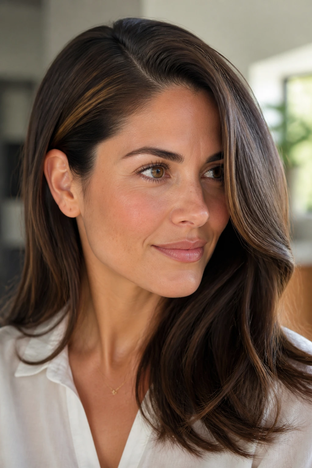 Portrait of a person with a deep side part and polished side-swept hair