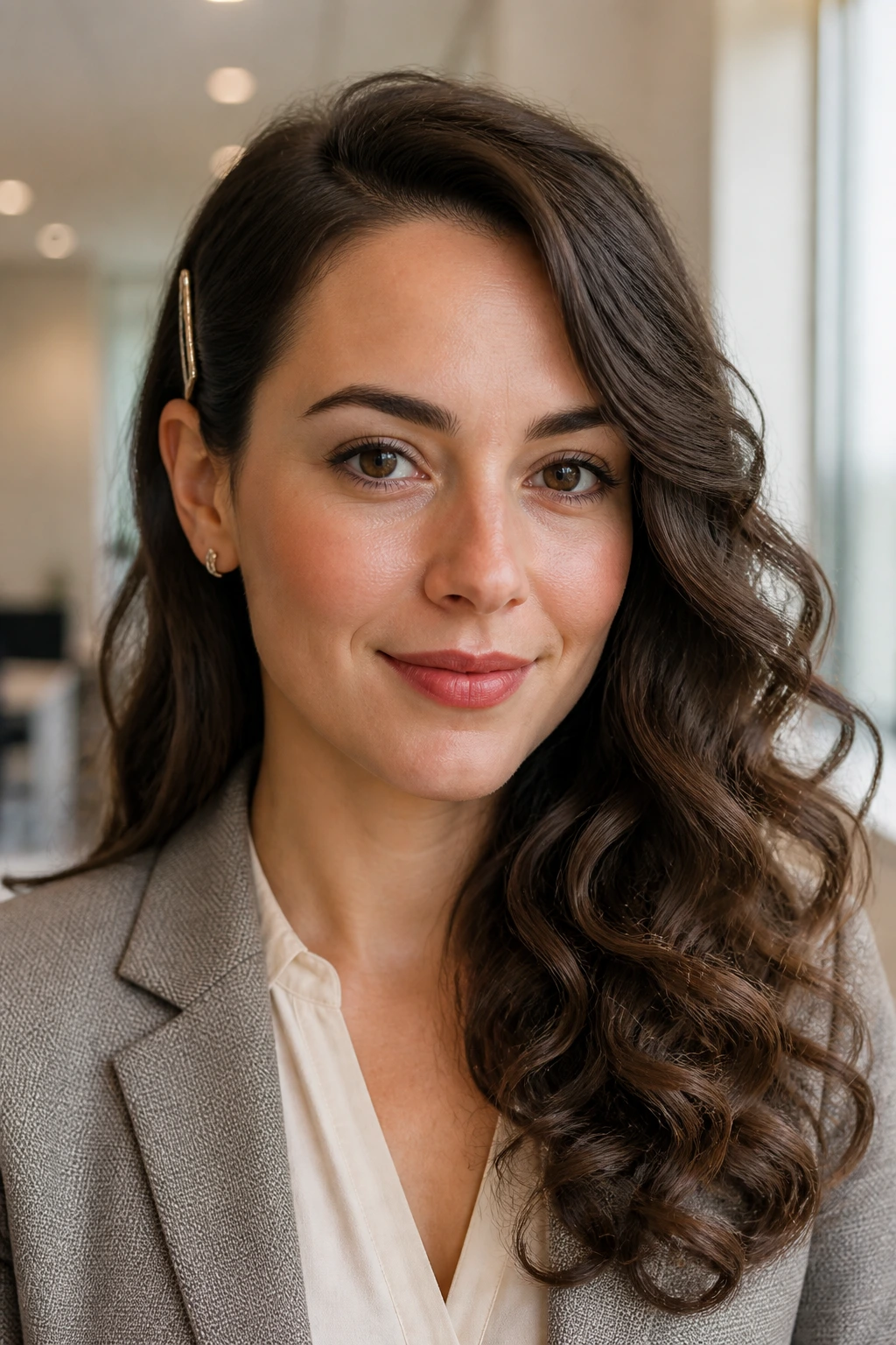 Close-up of a real woman with side-swept curls and a metallic barrette in an office setting