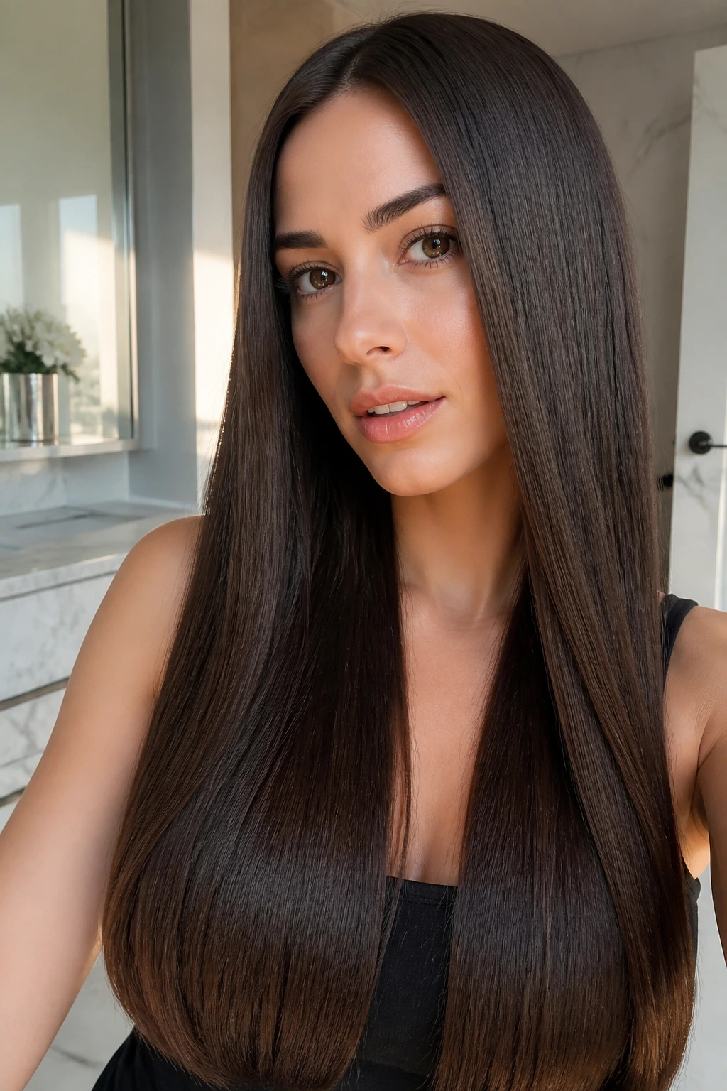 Close-up of a real woman with polished straight hair in a bright bathroom