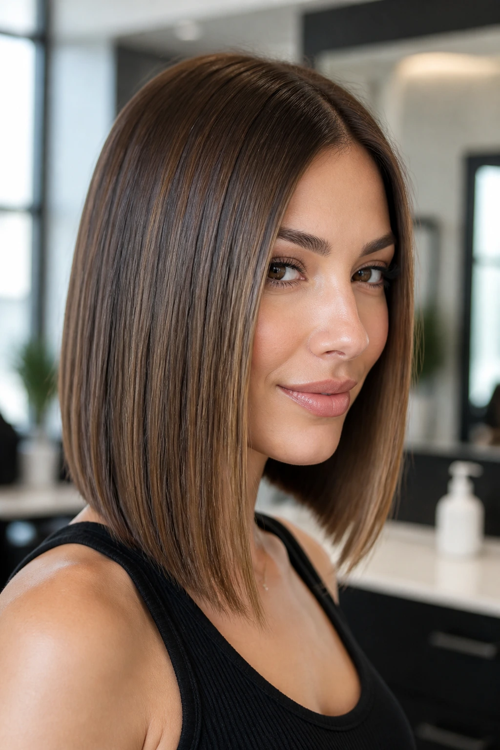 Real woman with polished straight lob and high shine
