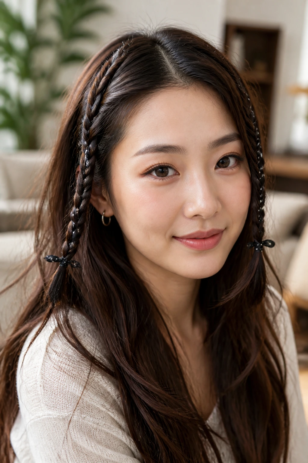 Close-up of a woman with two thin braids woven with polka dot ribbons.