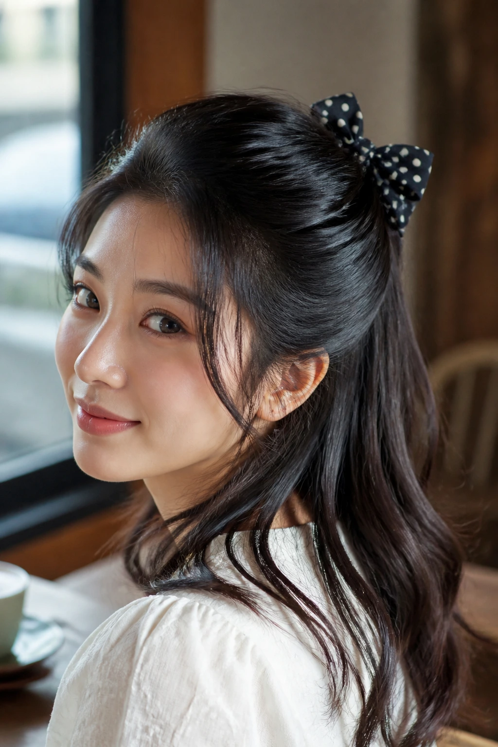 Front portrait of a real Asian woman with a half-up hairstyle and polka dot bow clip