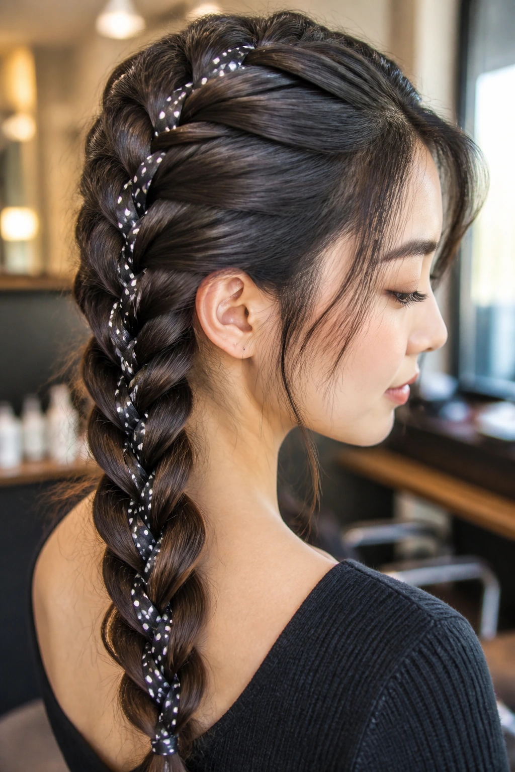 Close-up of a real woman with a polka dot ribbon woven into a French braid