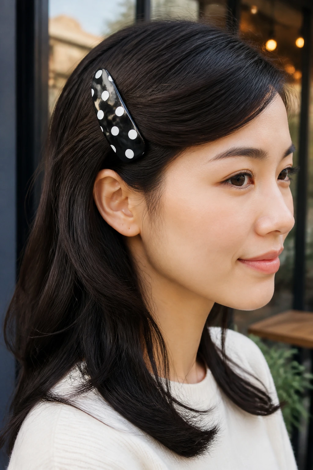Real woman side-swept hair tucked with large polka dot clip