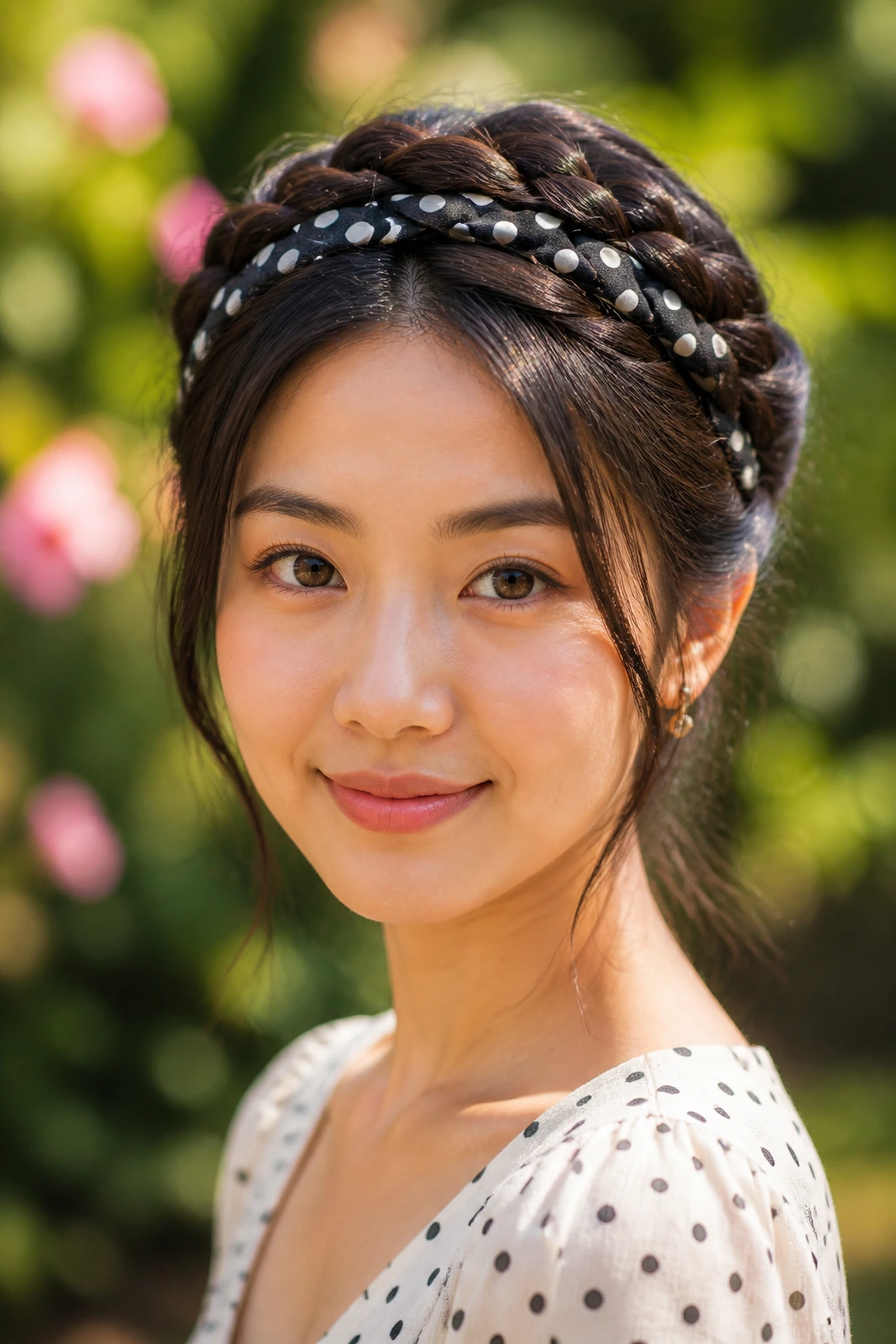 Real woman with braided crown and polka dot ribbon