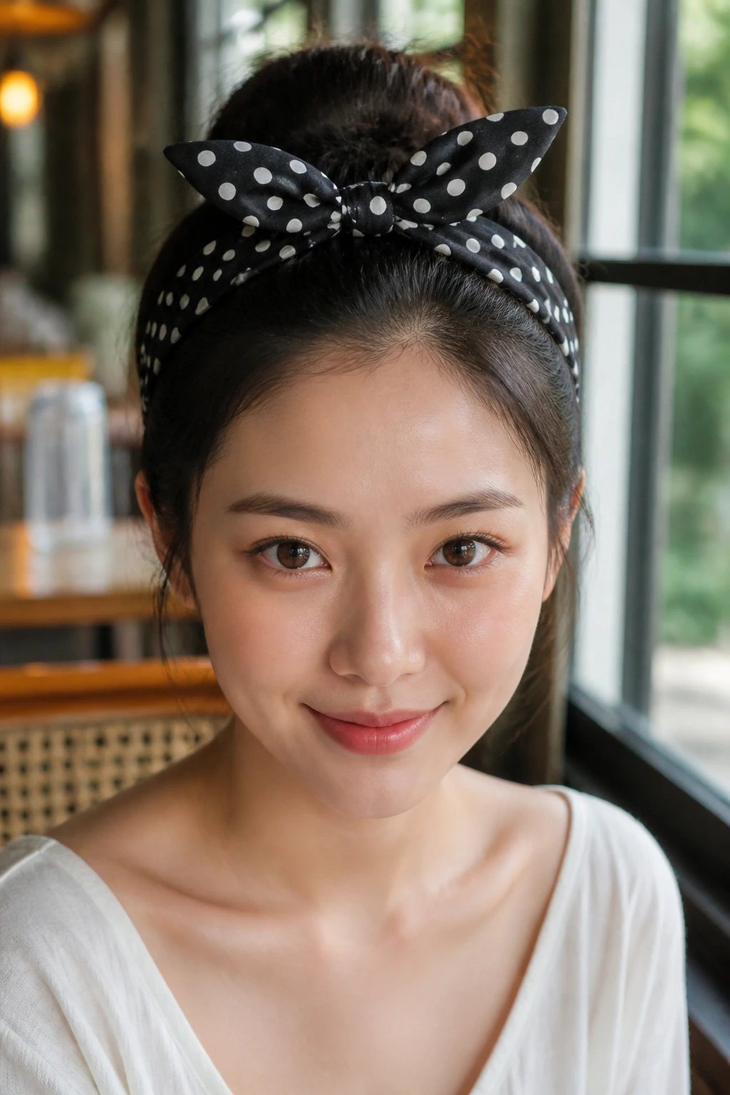 Portrait of a woman wearing a polka dot hairband with bow.
