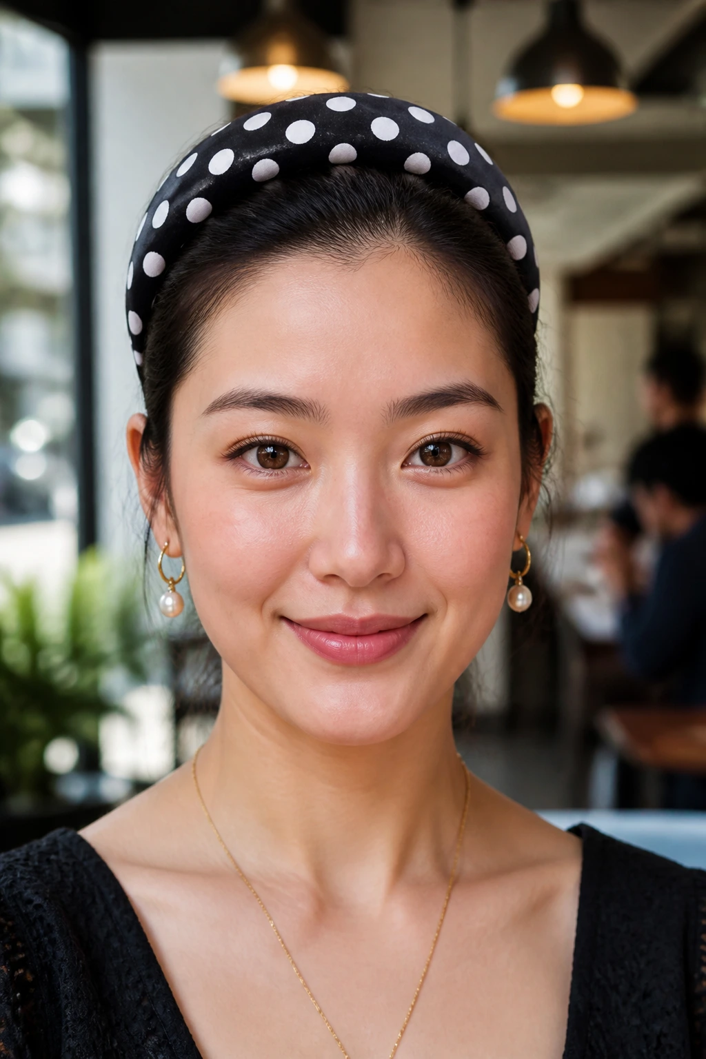 Front portrait of a real Asian woman wearing a wide polka dot headband