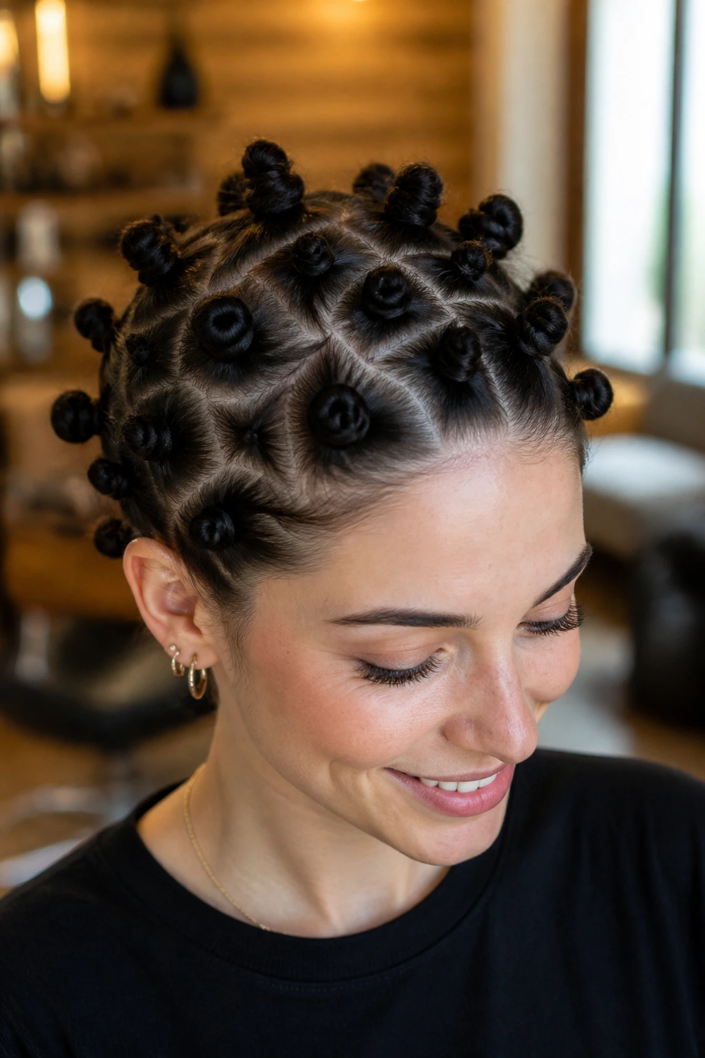 Close-up of a woman wearing Dalmatian-style polka dot top knots across the crown.