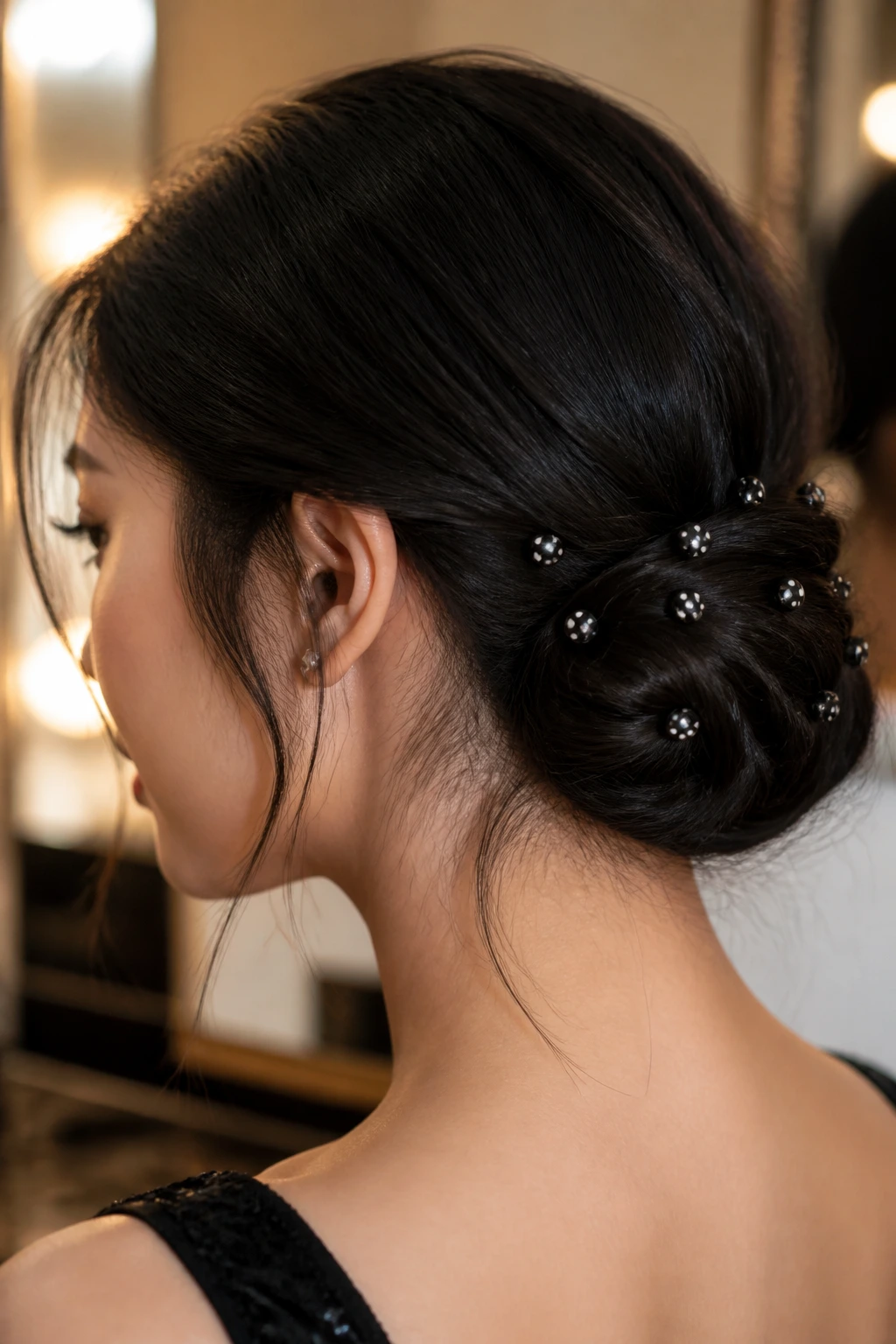 Real woman with low chignon secured by polka dot pins