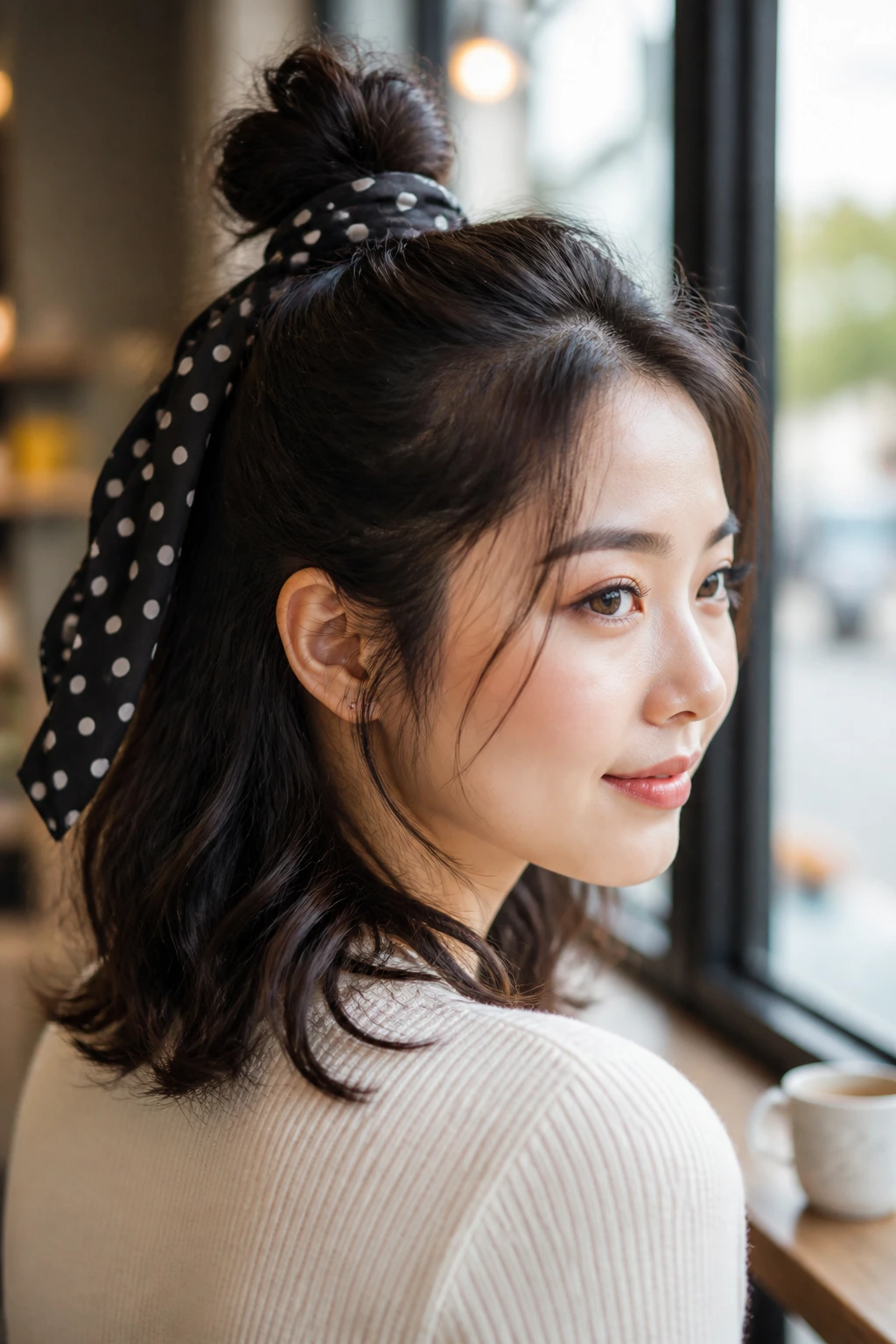 Real woman with half-up top knot and polka dot ribbon