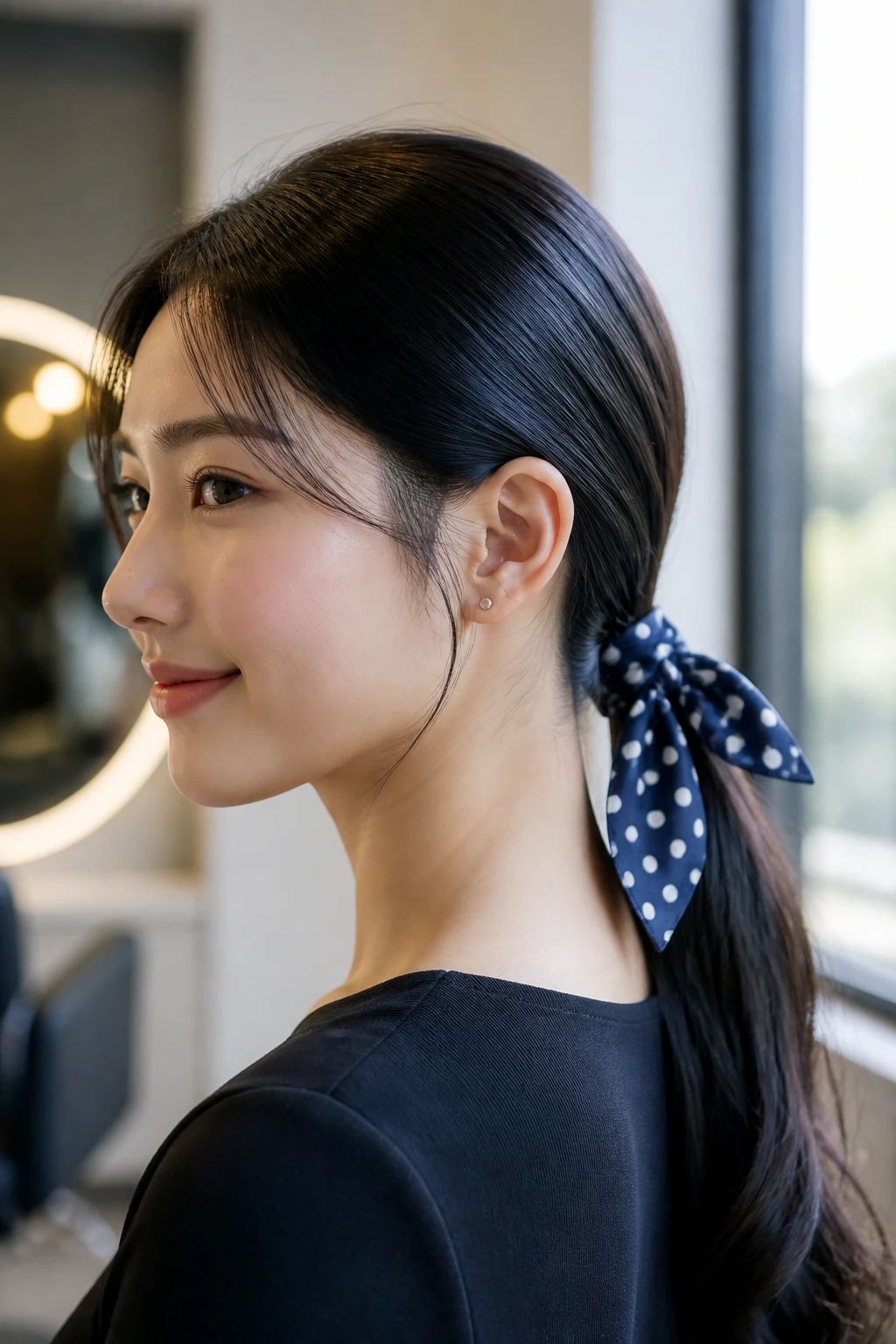 Close-up of a real Asian woman with a sleek low ponytail and polka dot ribbon at the nape
