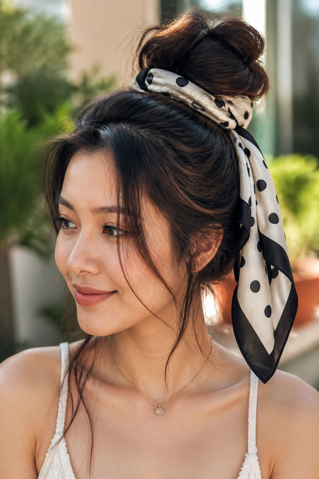 Portrait of a real Asian woman with a bohemian knot secured by a polka dot scarf