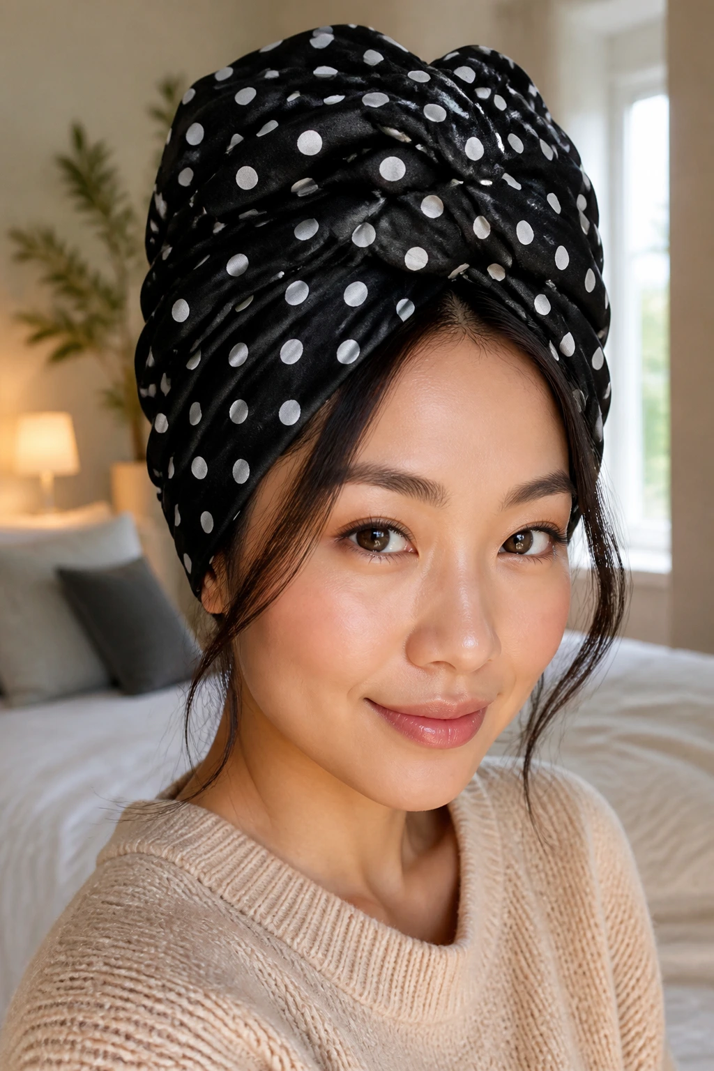 Close-up portrait of a woman wearing a polka dot scarf turban.