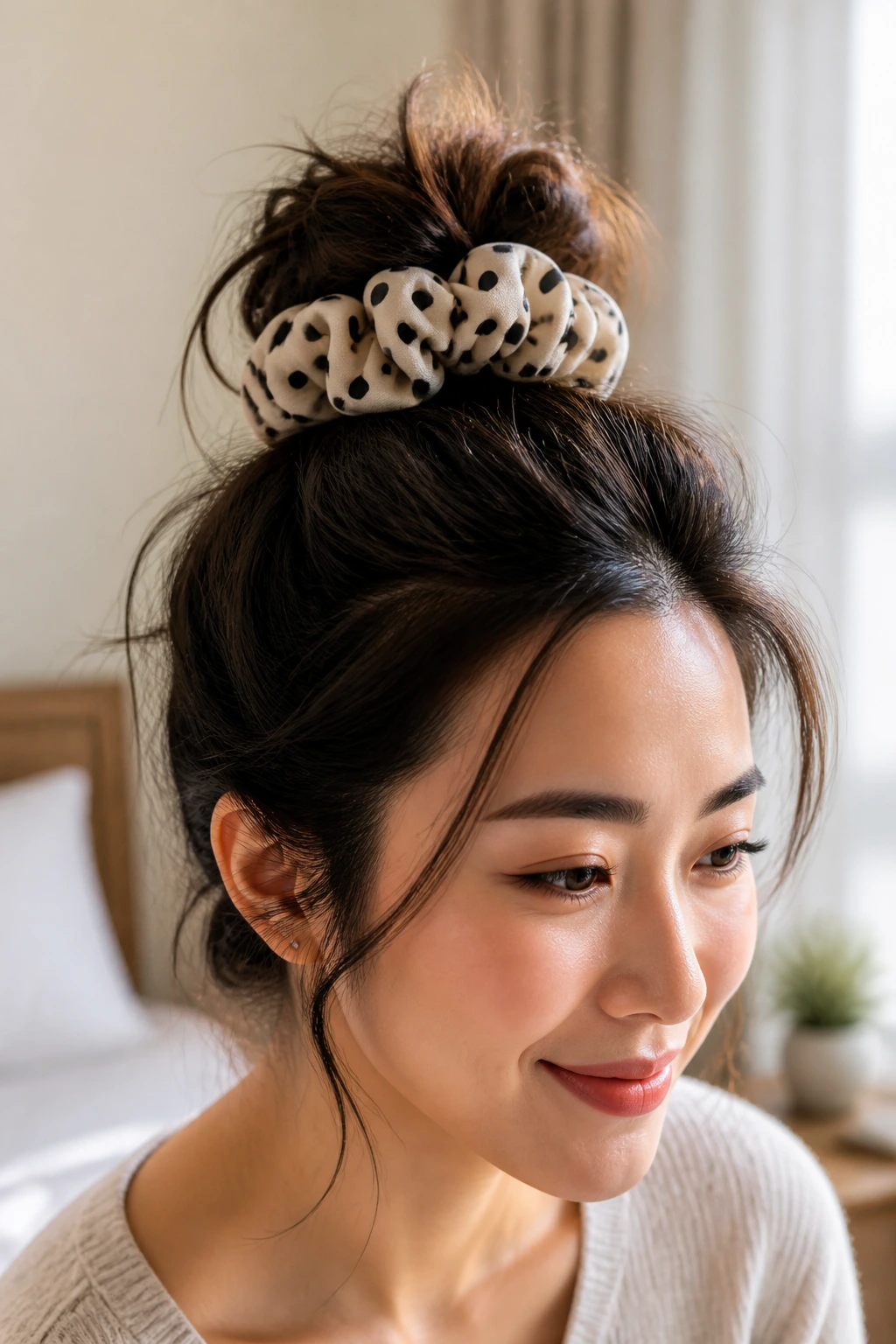 Real woman with oversized polka dot scrunchie in a messy bun