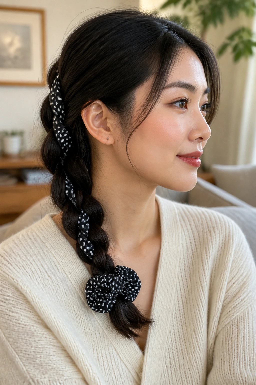 Side braid with a polka dot scrunchie and ribbon on a real person.