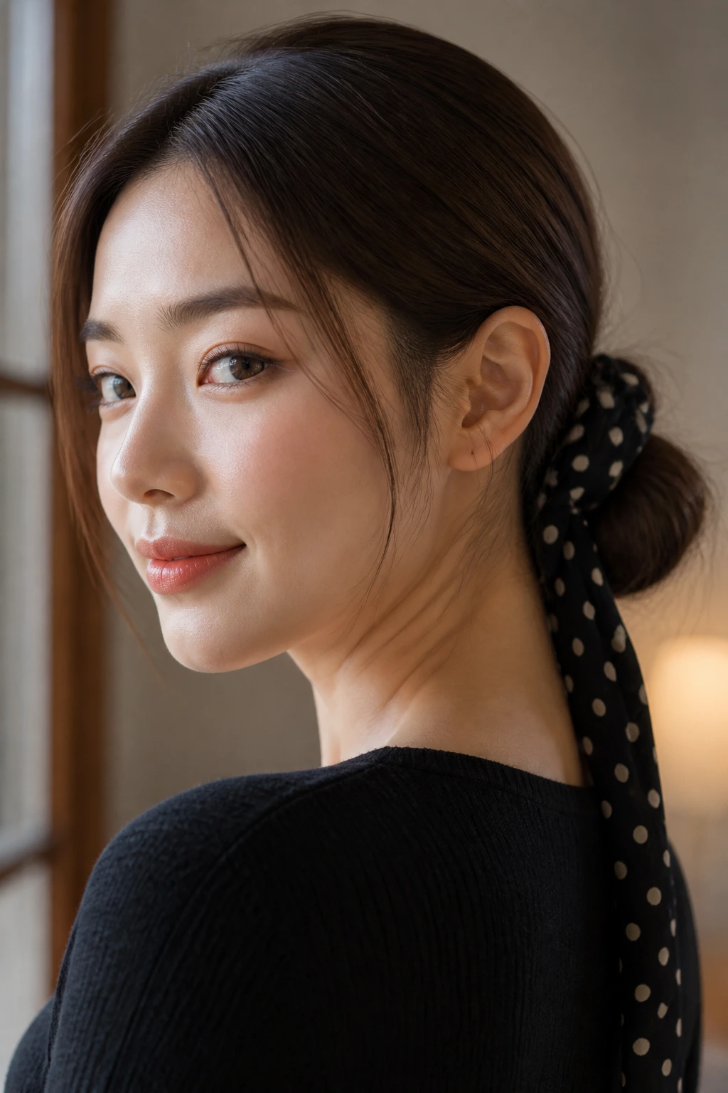 Close-up of a woman wearing a low bun wrapped with a polka dot fabric.