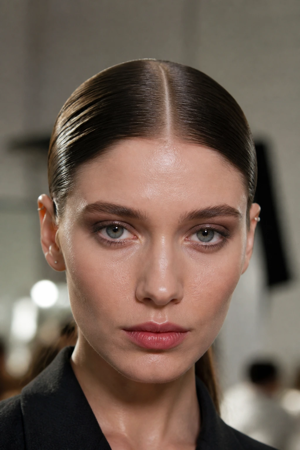 Close-up portrait of a real person with a centered middle part and slicked-down sides hiding the bangs