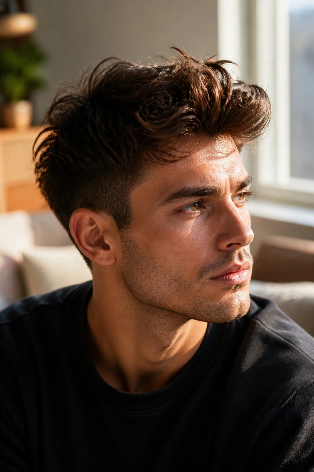 Close-up portrait of a man with a disheveled pompadour crop.