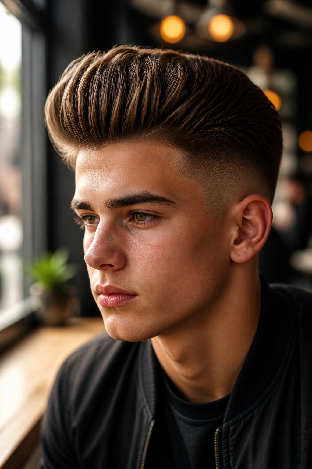 Close-up of a teenage boy with a pompadour fade in a cafe setting