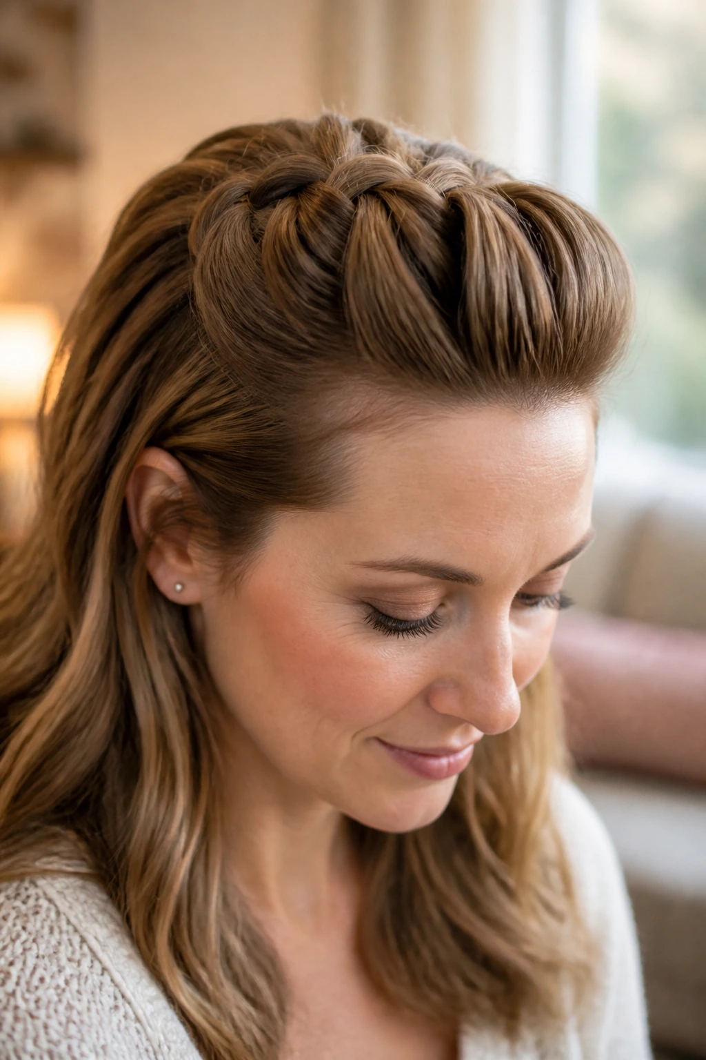 Close-up of a real woman's head with a French-braid pompadour at the crown