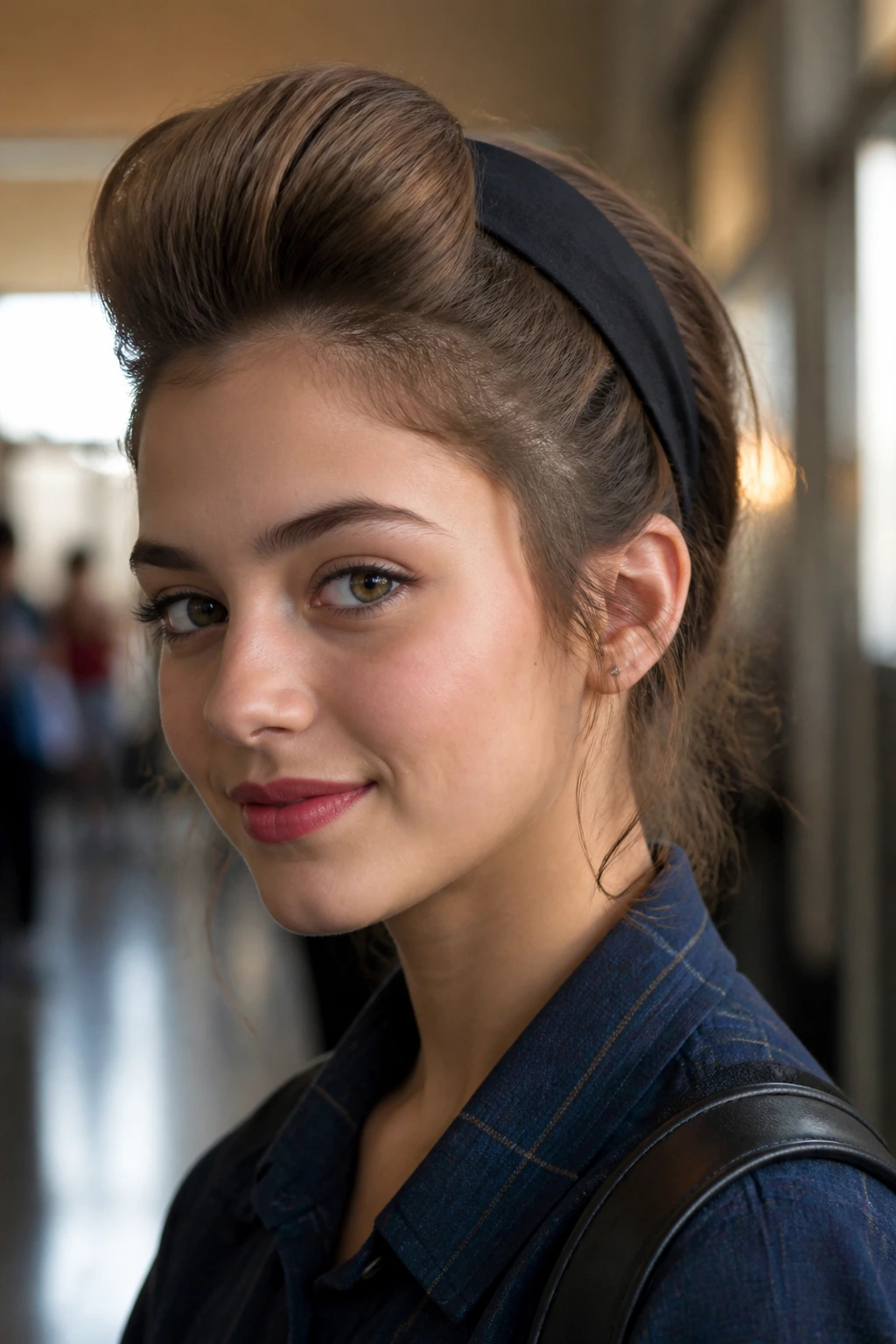 Portrait of a student with a high pompadour and wide headband in a school setting.