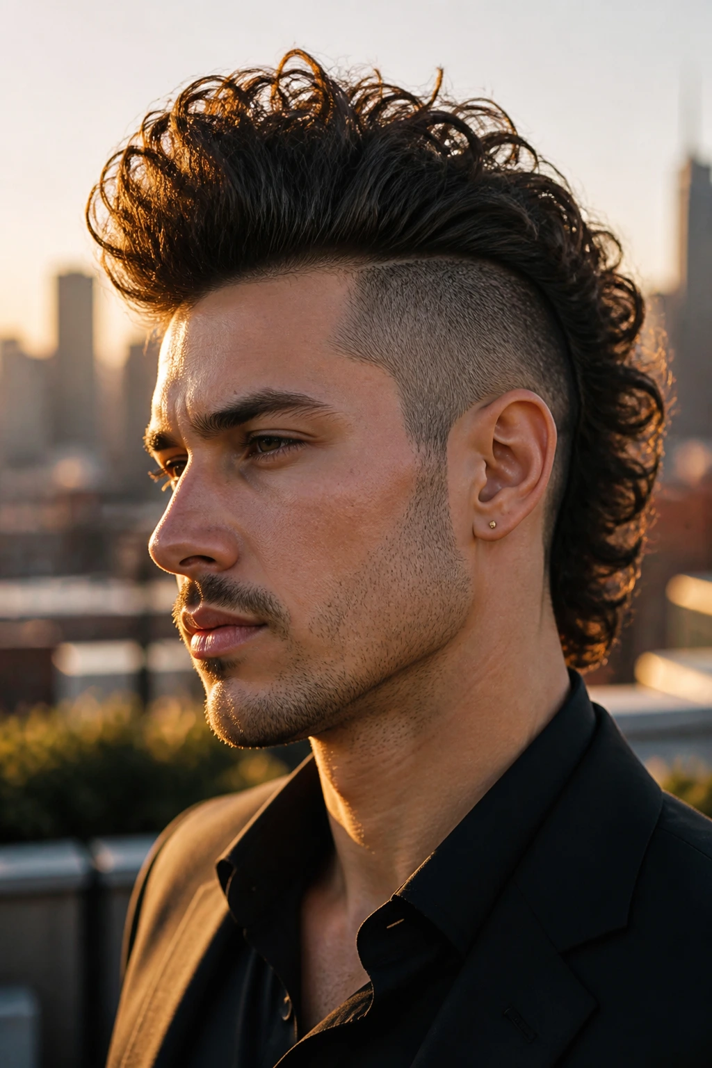 Close-up of a real person with curly-wave pompadour mohawk at golden hour