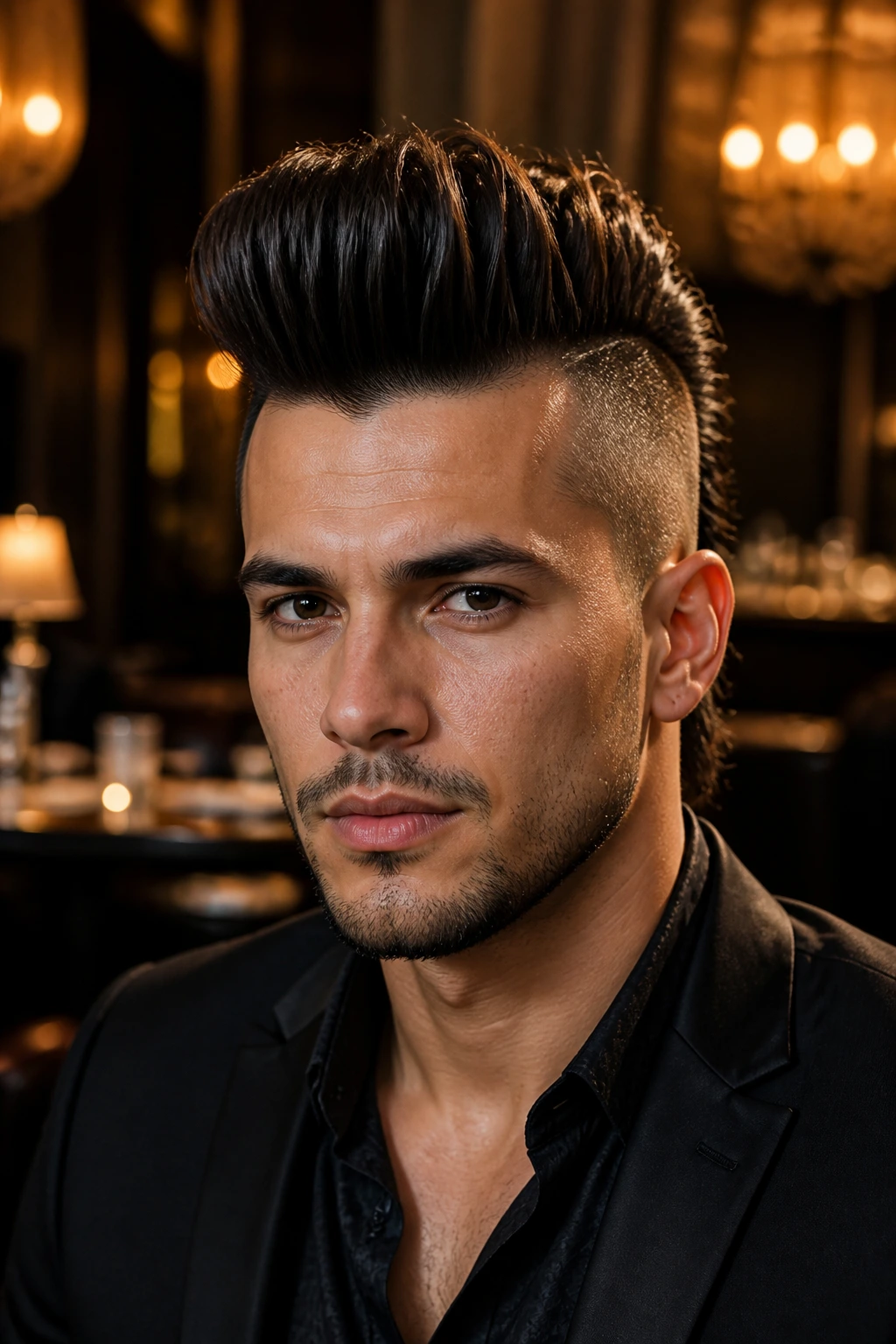 Real person with a pompadour mohawk against warm restaurant lighting
