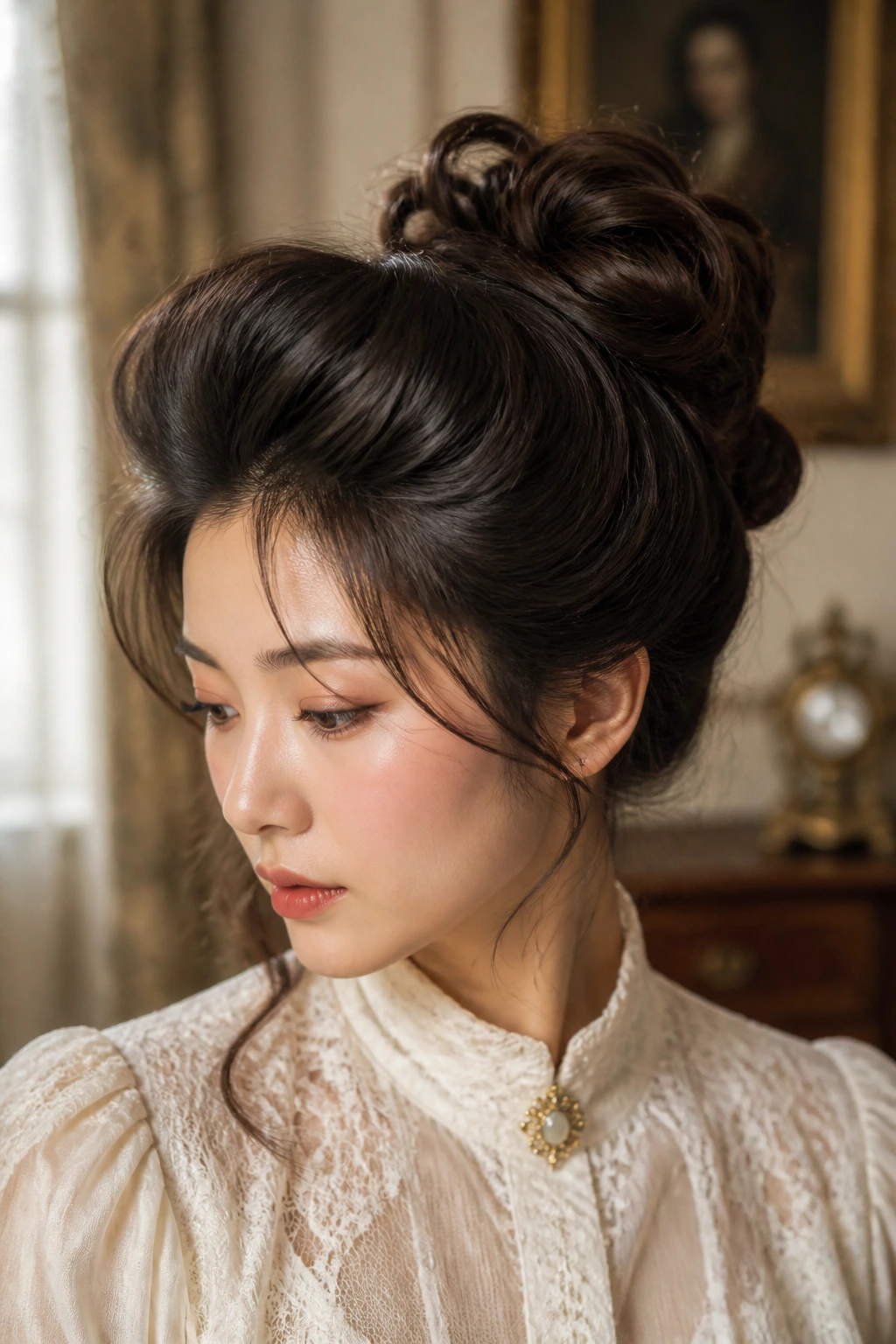 Real woman with Edwardian pompadour and pinned bun on crown.