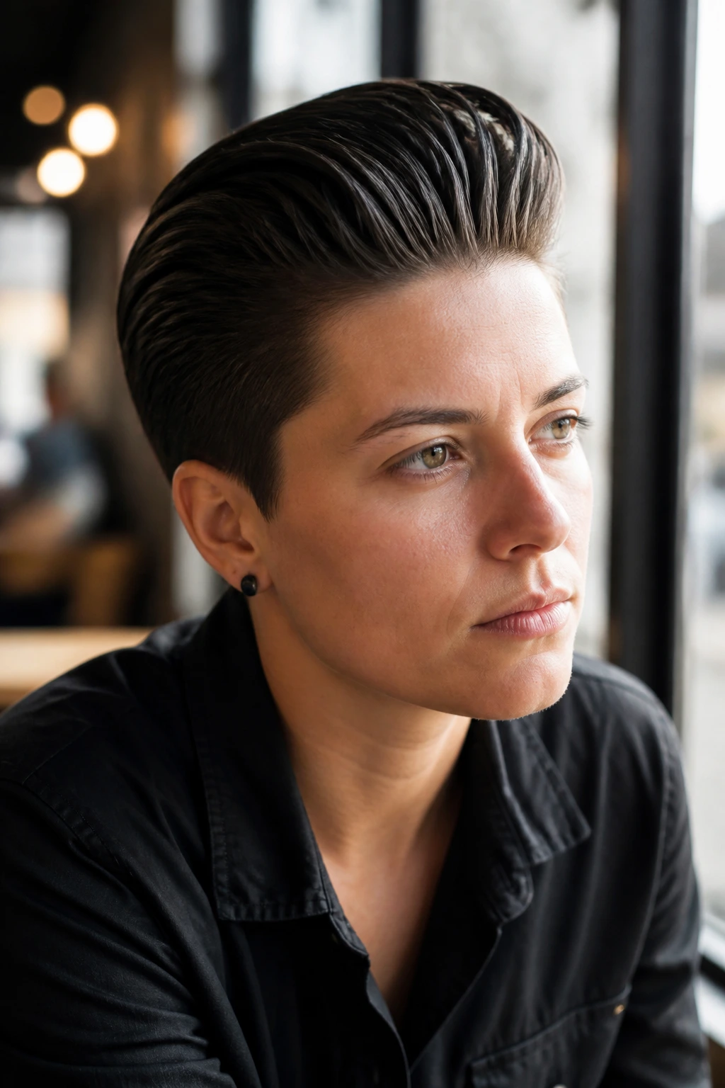 Close-up portrait of a real person with a slicked-back pompadour in warm cafe light