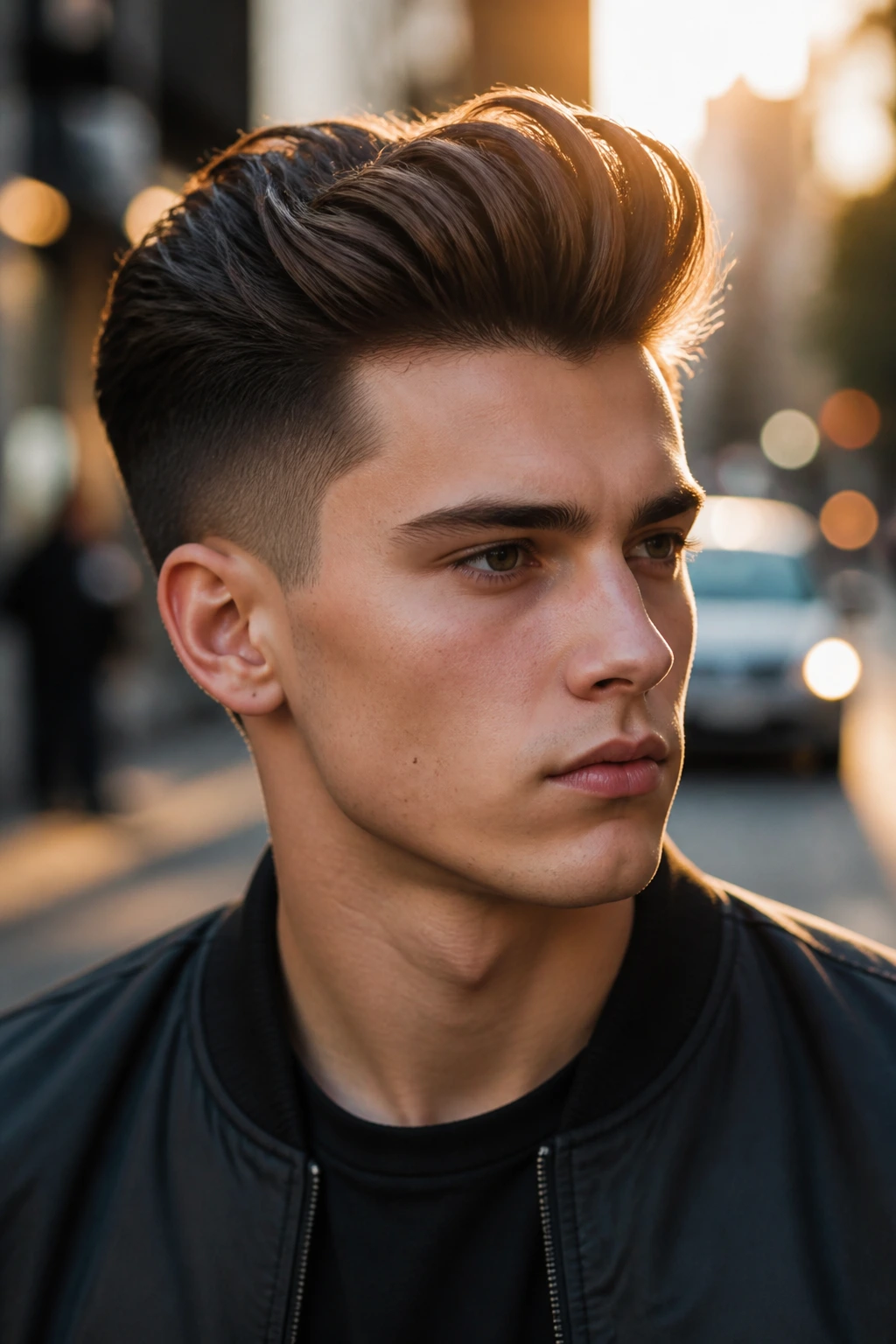 Portrait of a real person with a modern pompadour quiff against an urban backdrop.