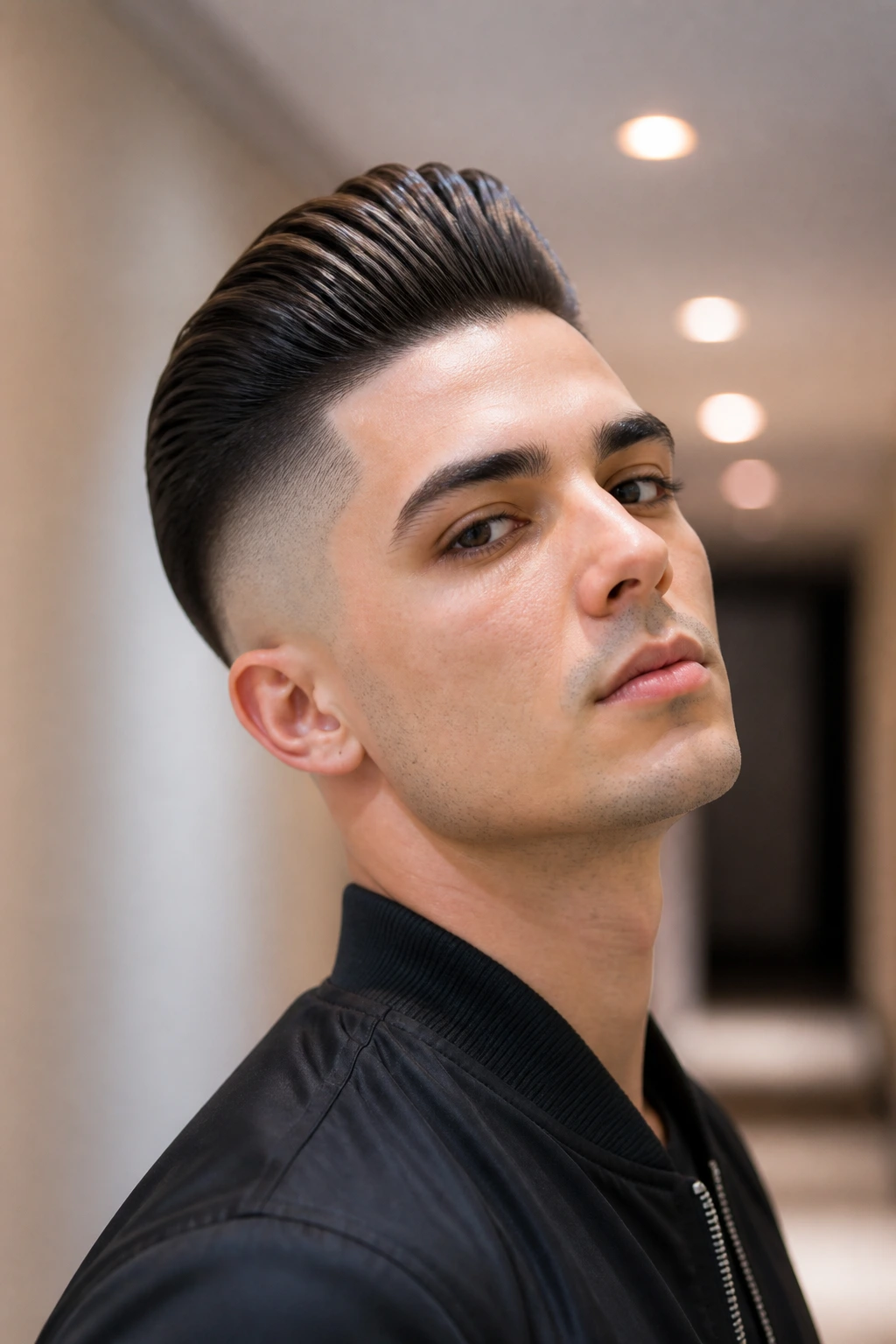 Portrait of a person with a voluminous slicked-back pompadour and skin fade.