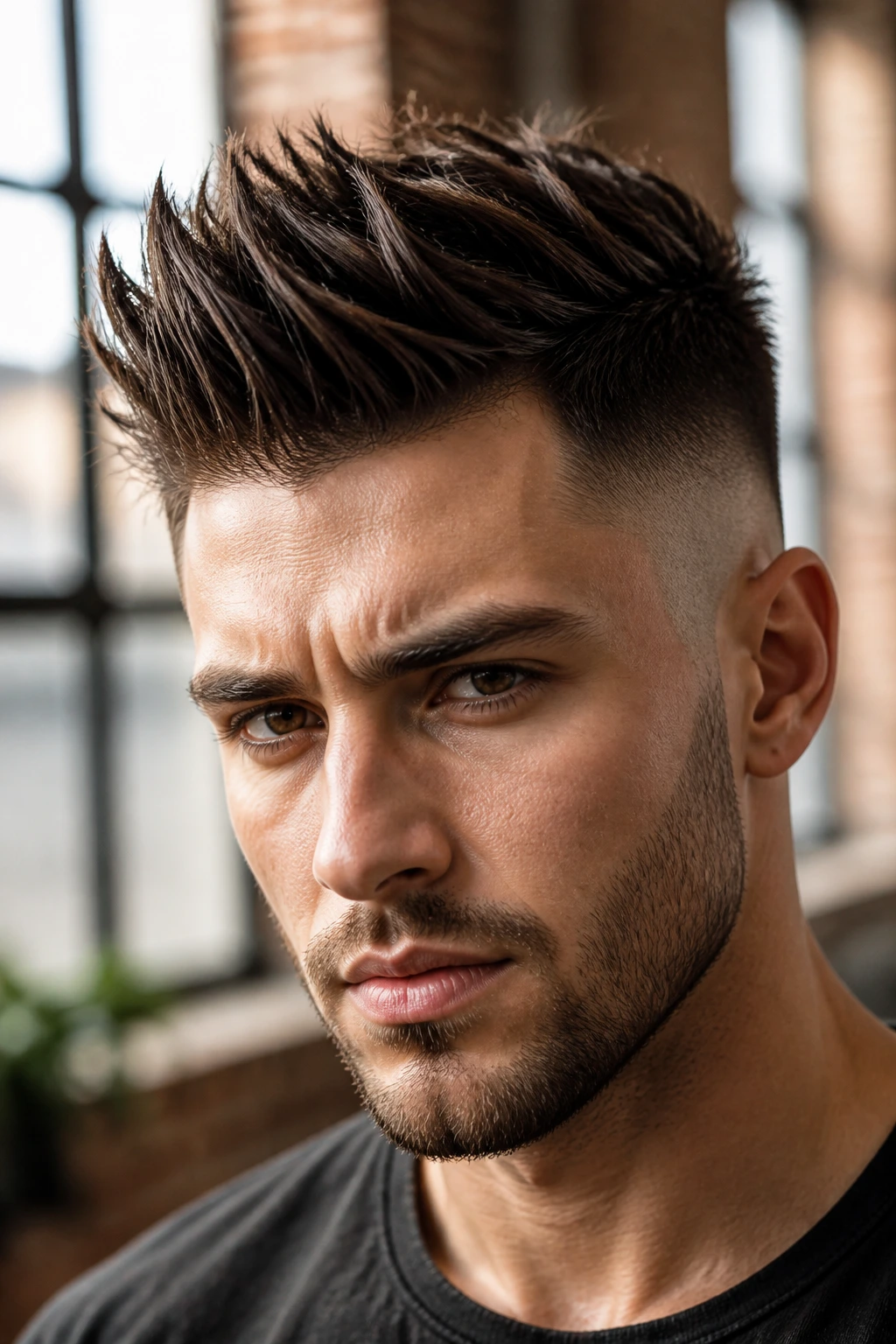 Close-up of a real man with high-contrast pompadour spikes