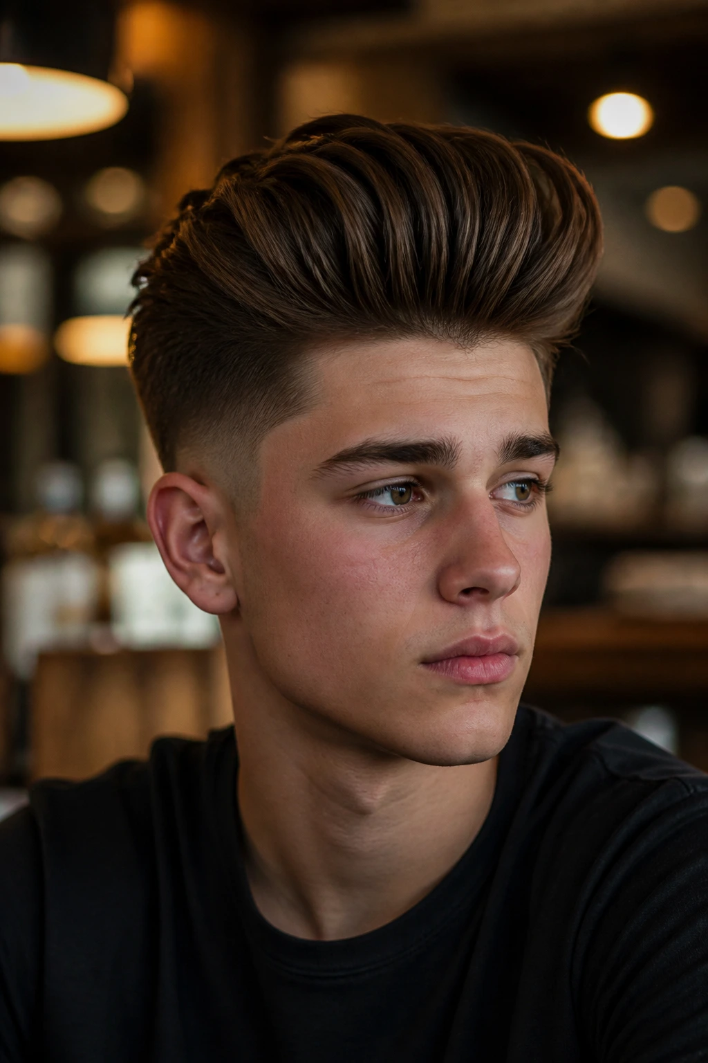 Teen with pompadour taper hairstyle in cafe