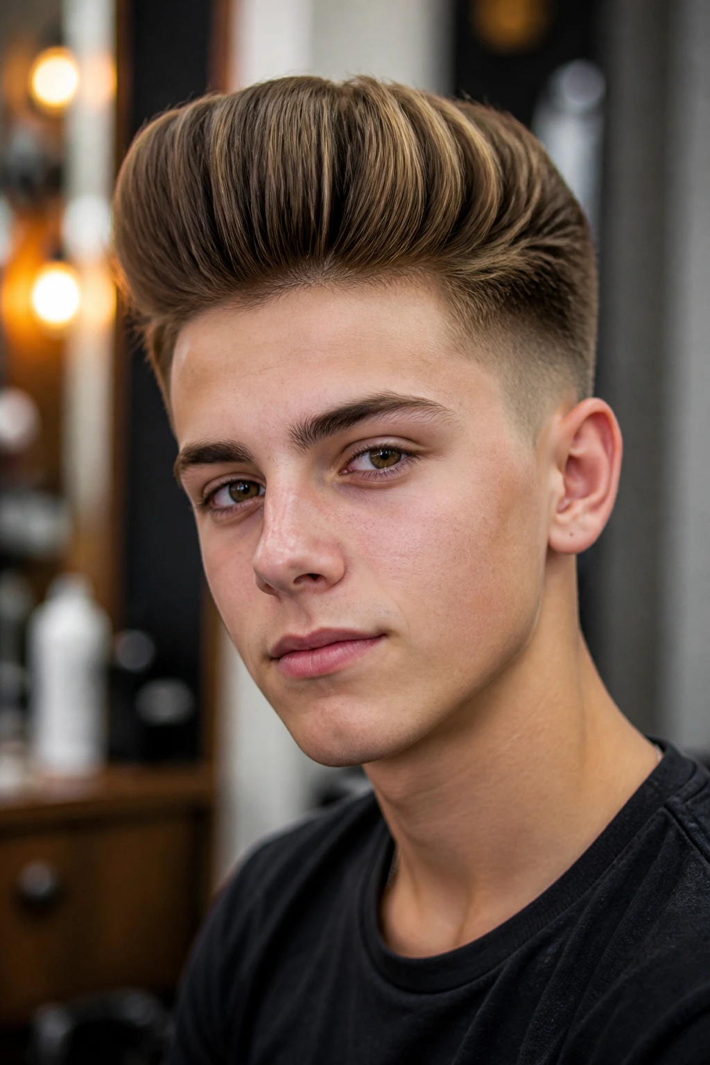 Close-up portrait of teen with pompadour featuring a large rounded front volume and faded sides