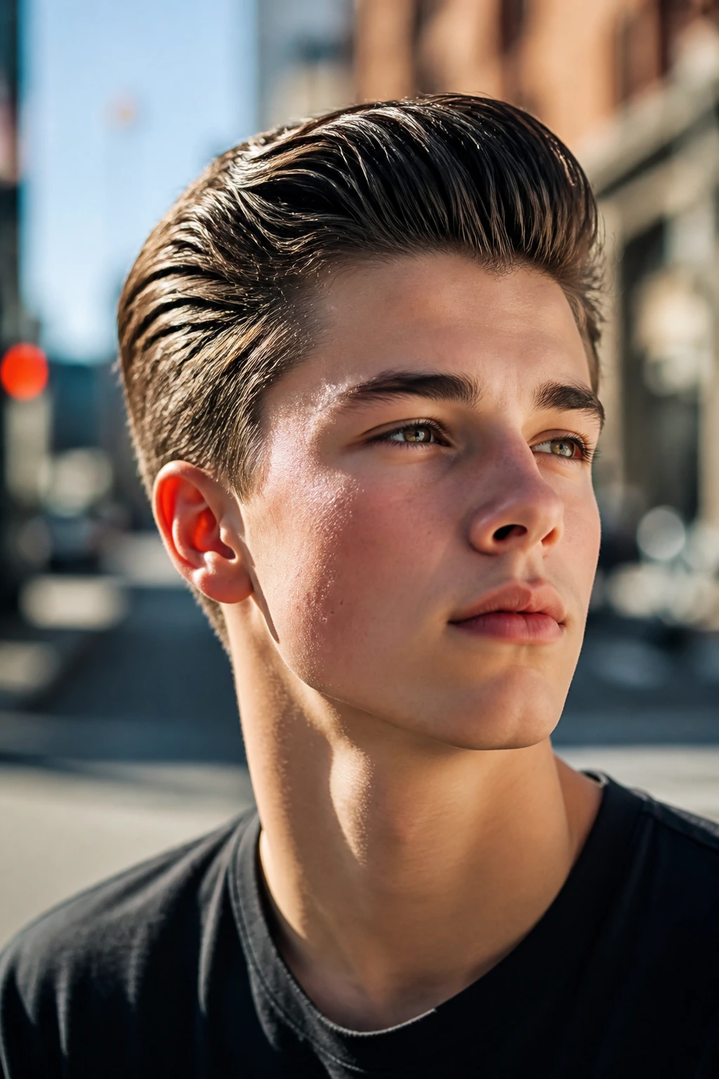 Teenage boy with slicked-back pompadour in urban sunlight