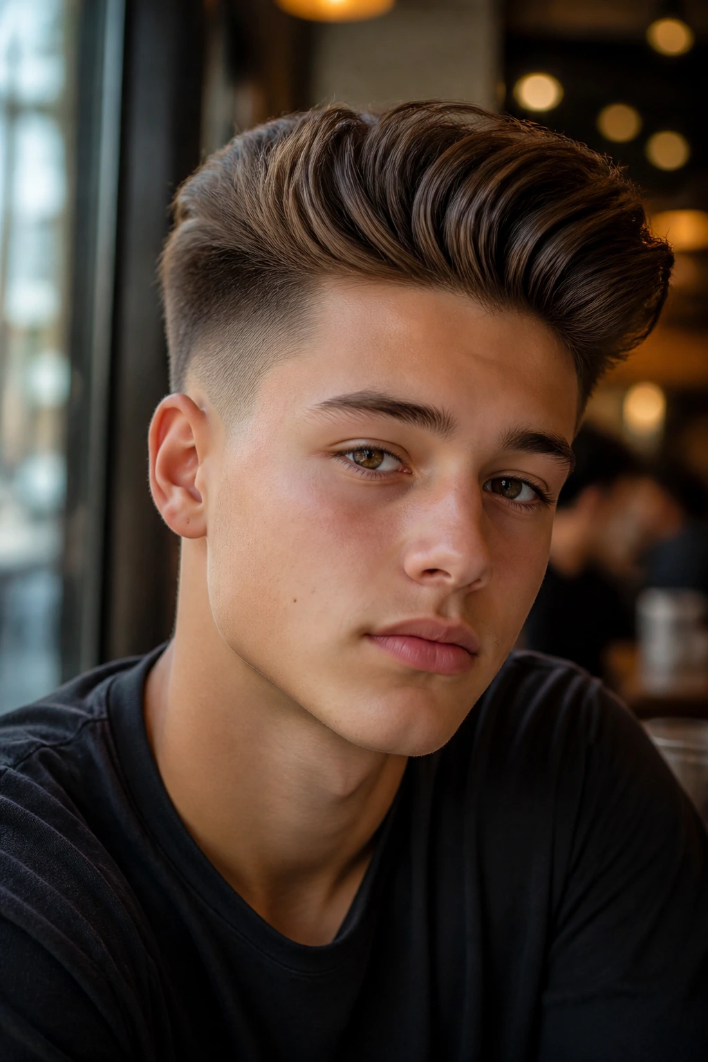 Close-up of teen with modern pompadour in cafe setting