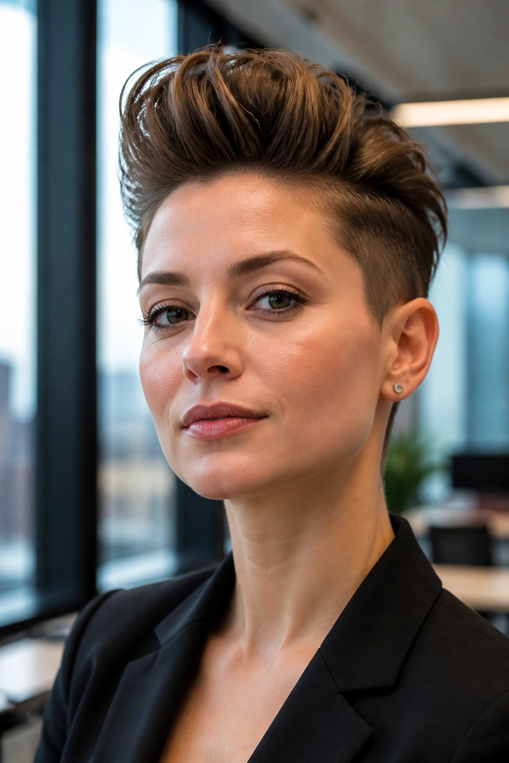 Close-up of a real woman with a softly textured pompadour in a modern office
