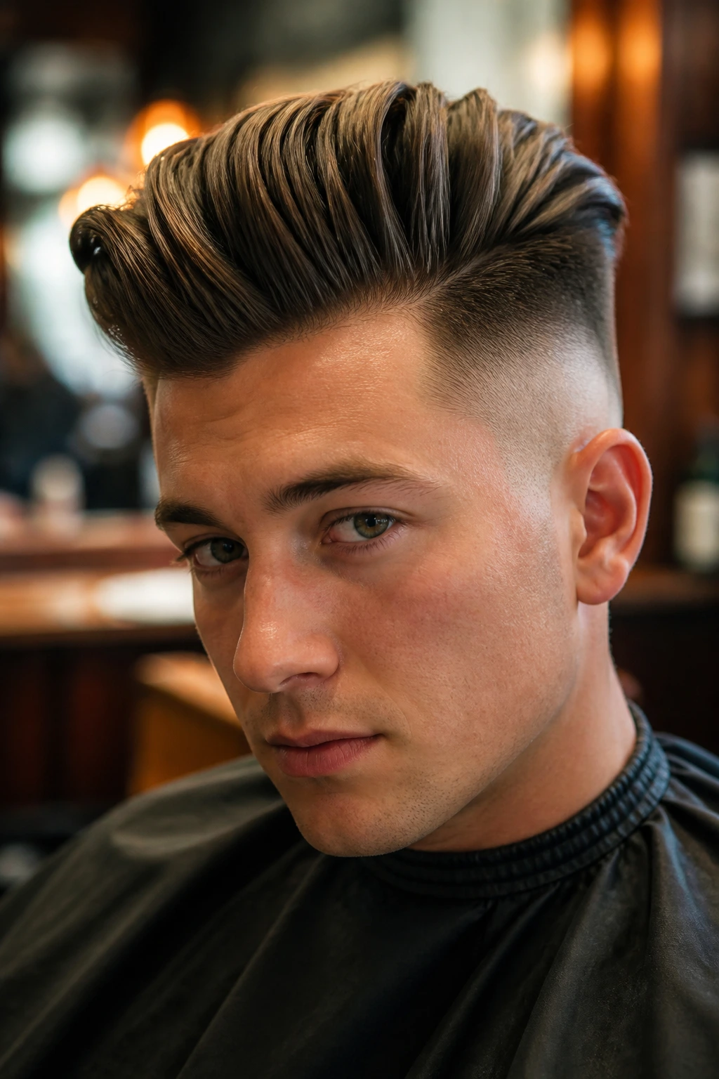 Close-up portrait of a real person with voluminous pompadour and undercut.