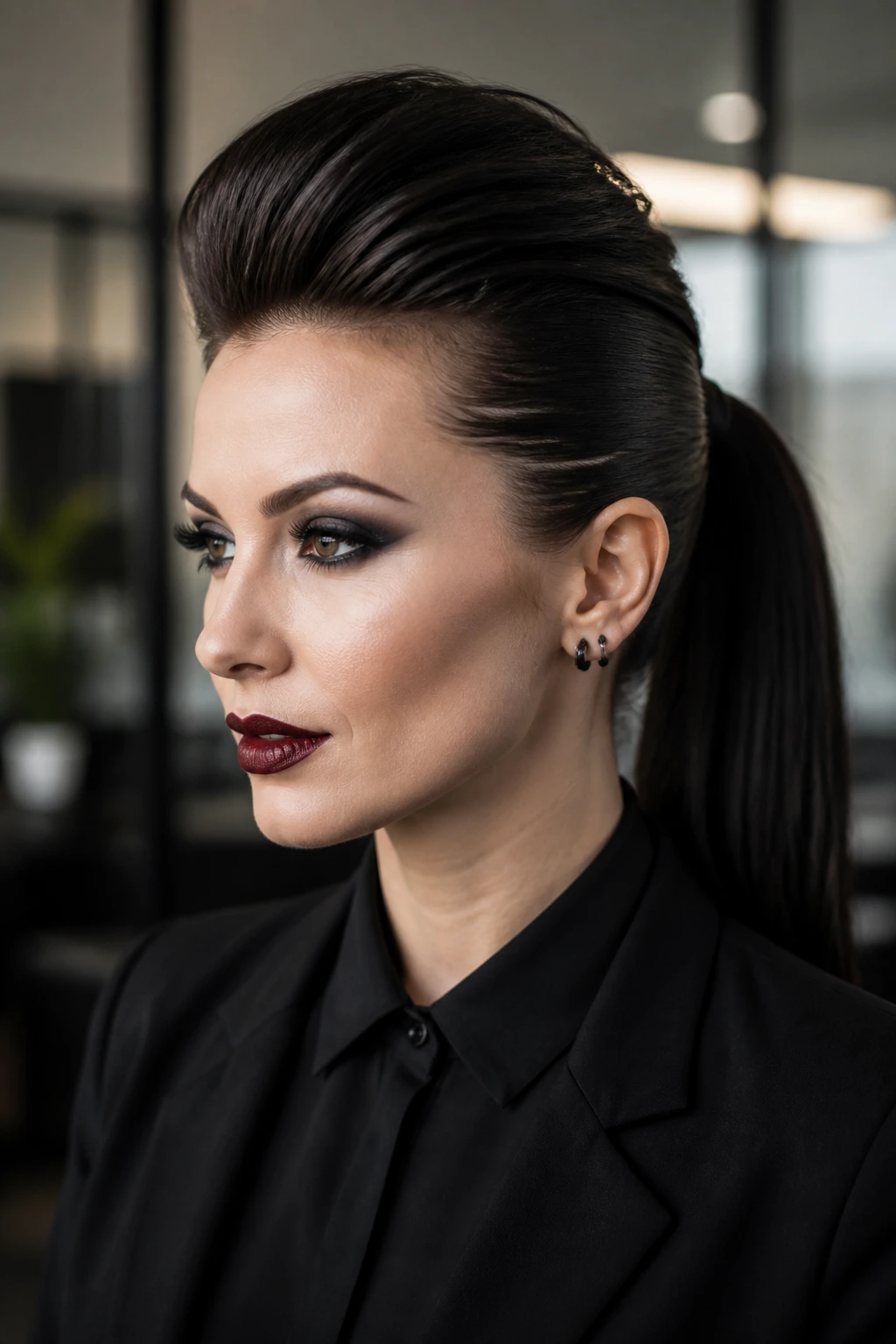 Portrait of a real person with a high-volume pompous ponytail