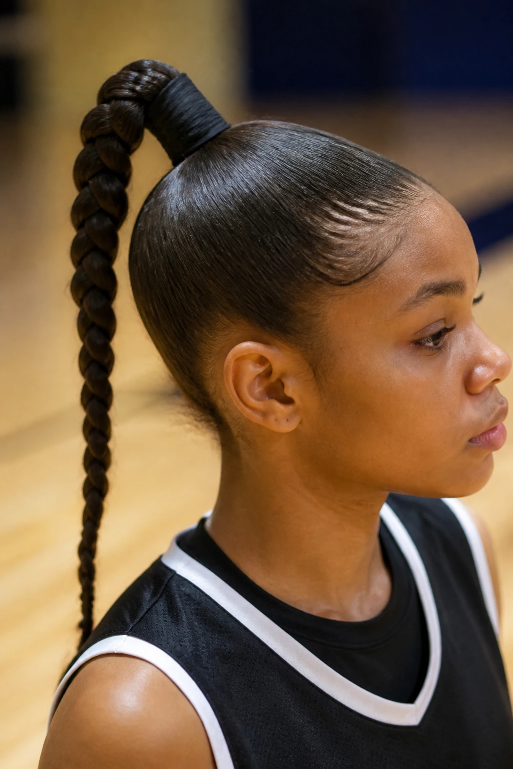 Close-up of a real athlete with a high braided ponytail wrapped at the base