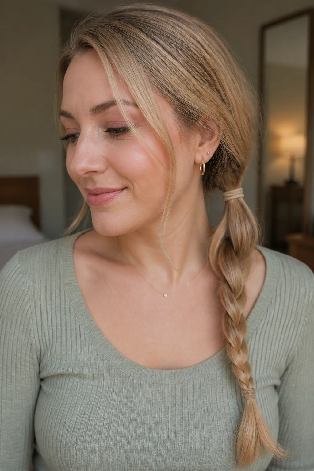 Close-up of a real woman with a side ponytail anchor braid