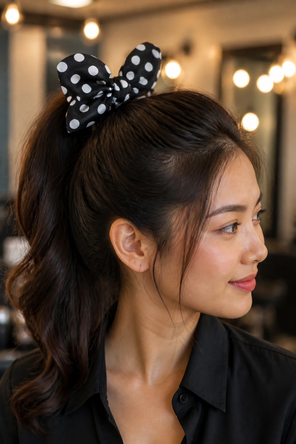 Close-up of a woman with a high ponytail and a large polka dot bow clip.