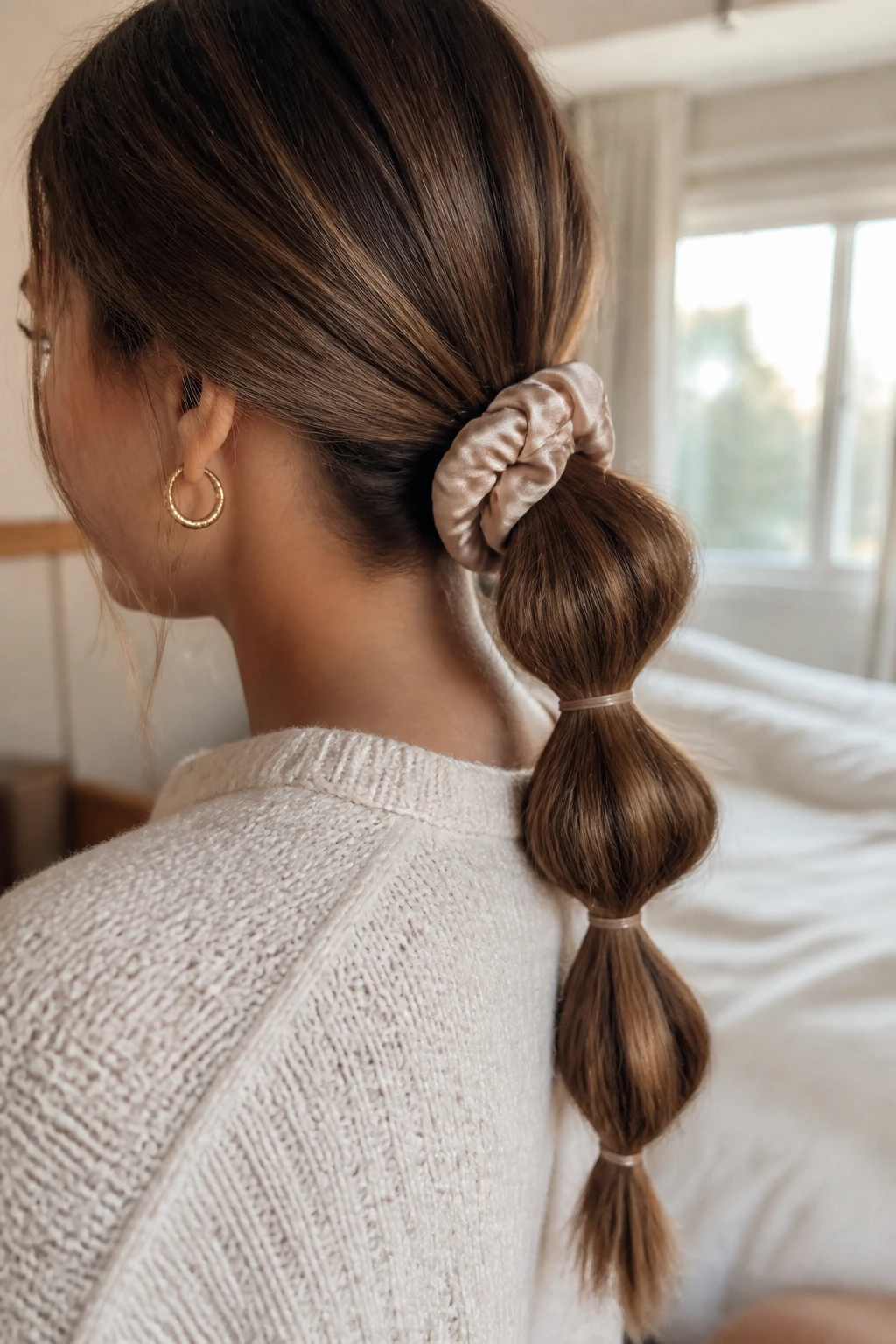 Close-up of a real woman wearing a low bubble ponytail with a silk scrunchie.