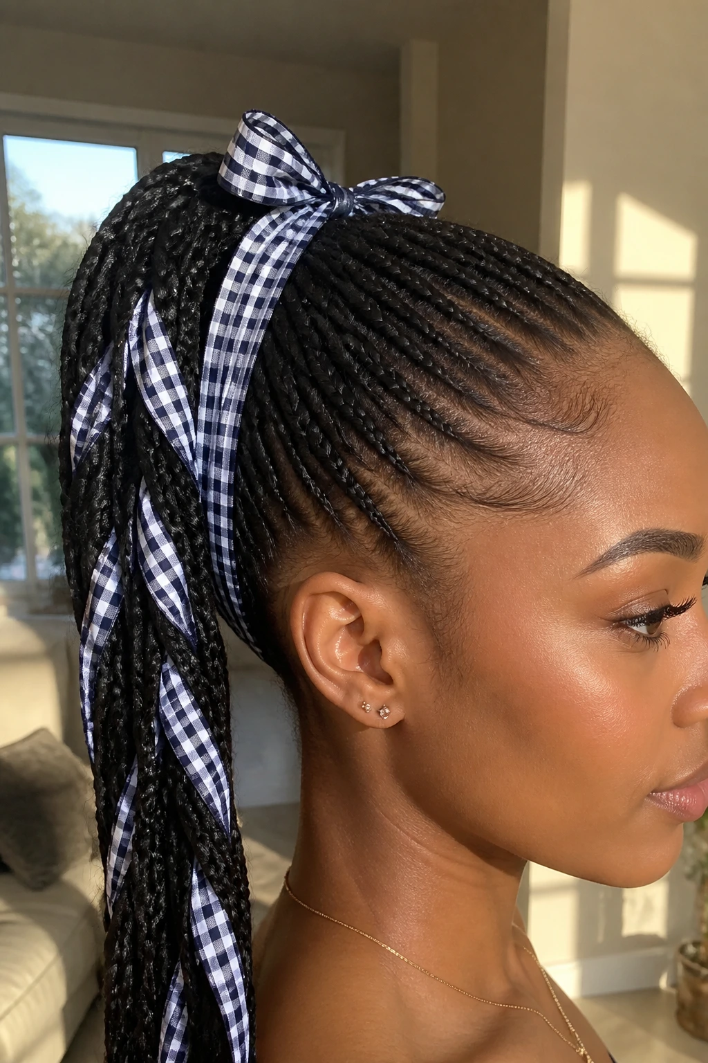 Close-up of a real woman with a high ponytail woven with gingham ribbon