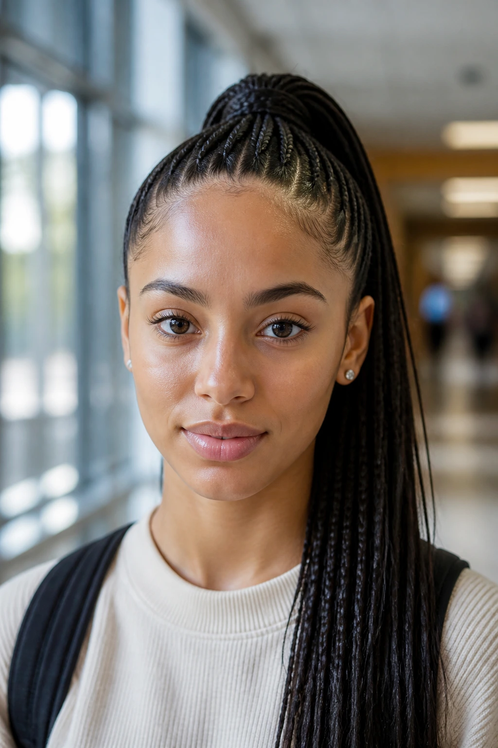 Close-up of a real woman with a high slicked-back ponytail and micro-braids in a school hallway