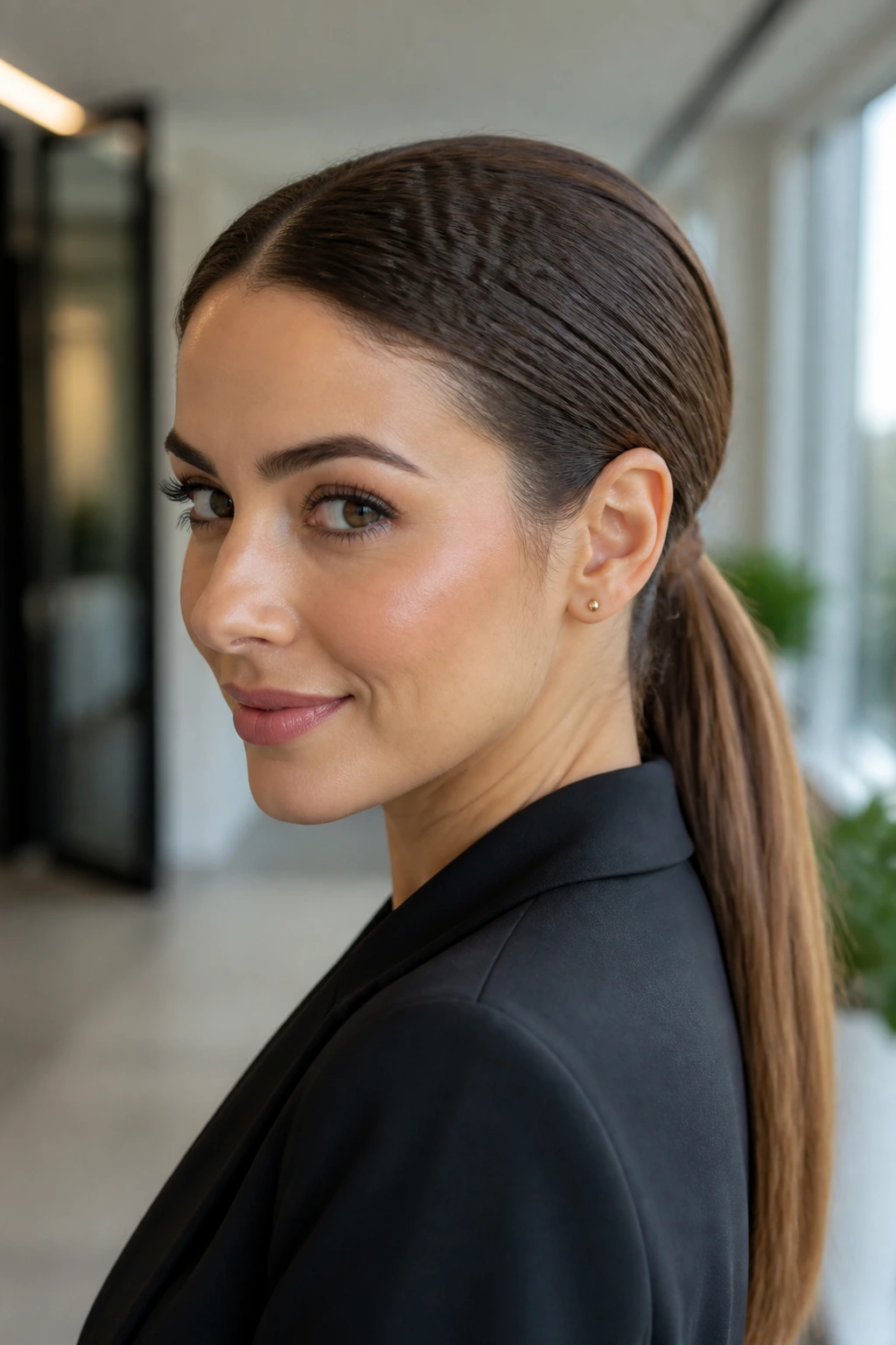 Close-up of a real woman showing a low pony with micro-crimped base in an office hallway