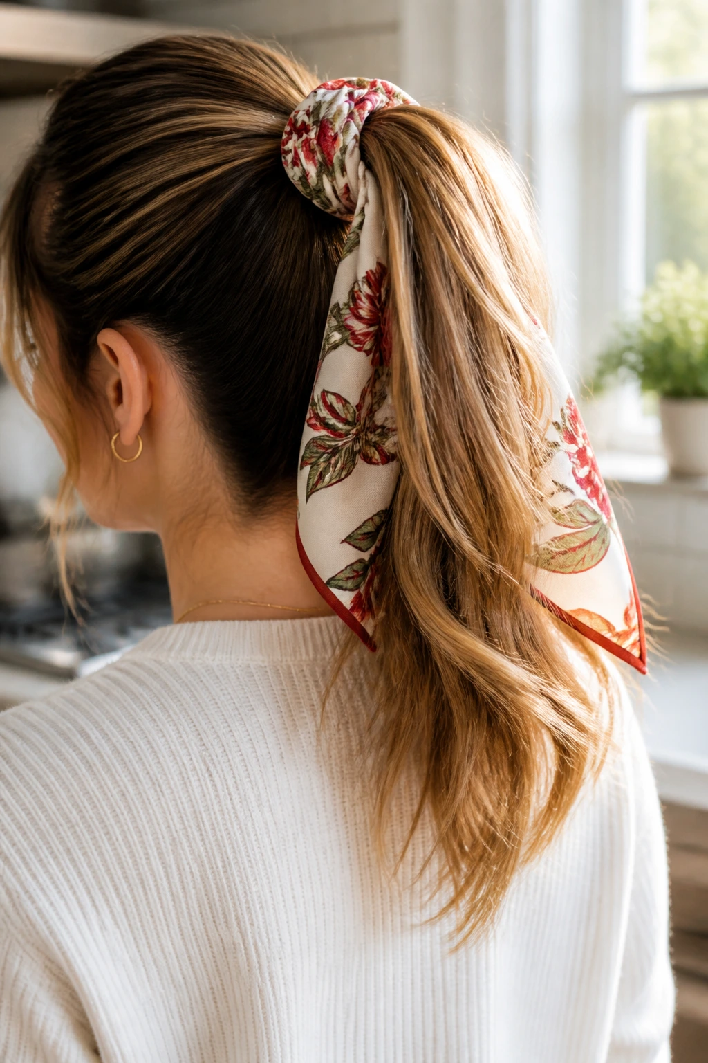 Close-up of a woman with a scarf-wrapped high ponytail in bright kitchen light