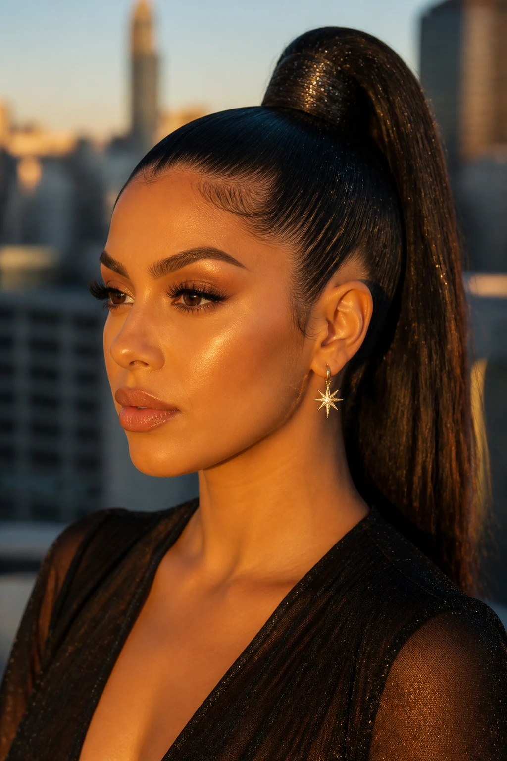 Close-up of a sleek high ponytail with shimmering finish